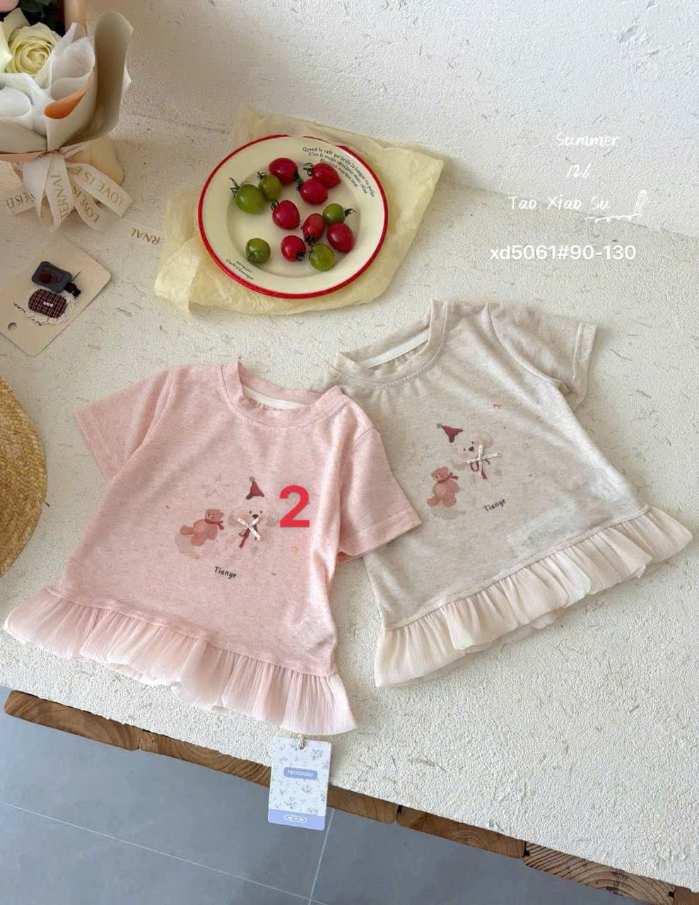 (C29) Áo thun cộc tay màu hồng viền bèo hoạ tiết cún hãng TX