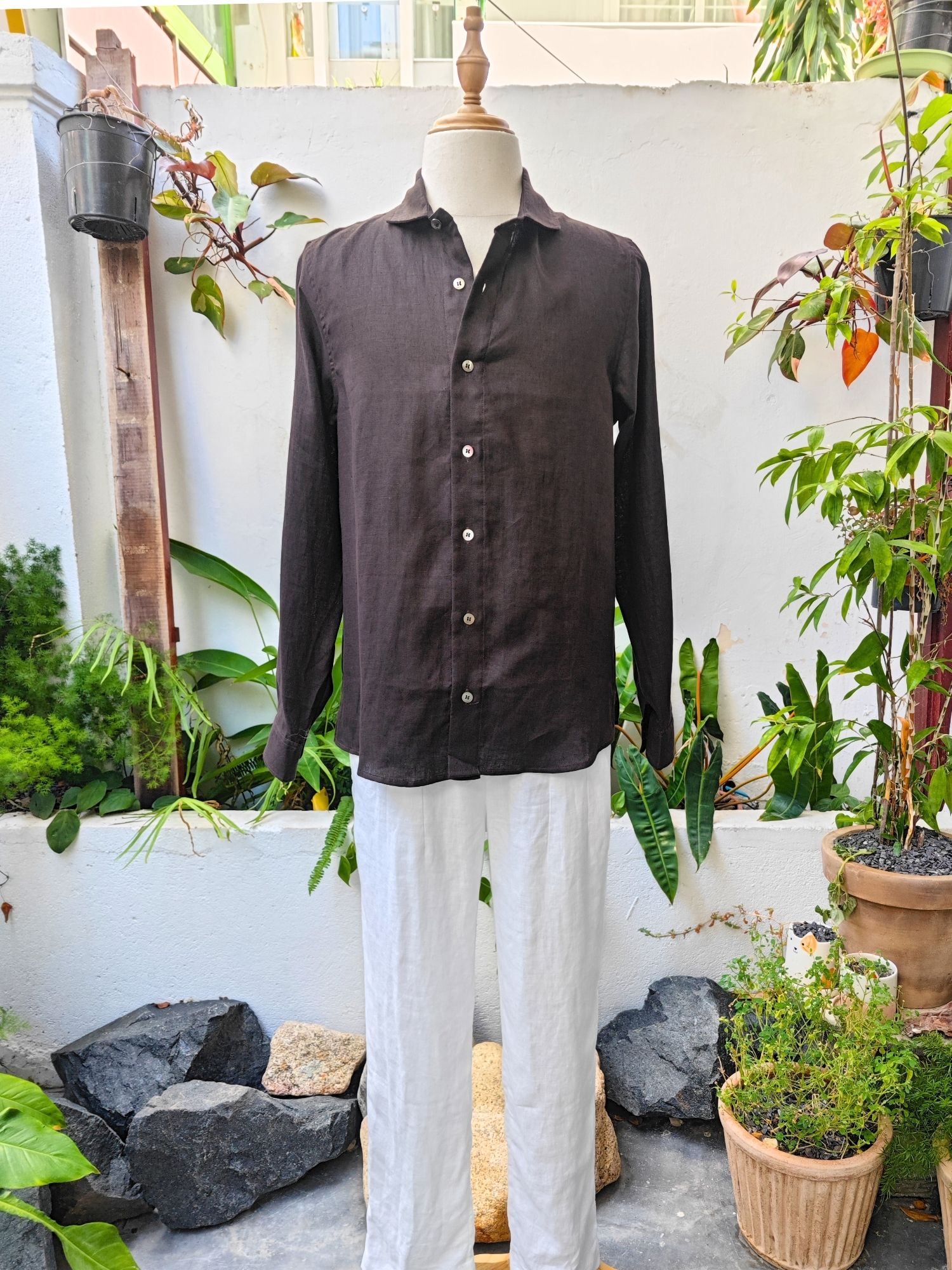 Sơ mi 100% linen tay dài cổ kiểu Ý