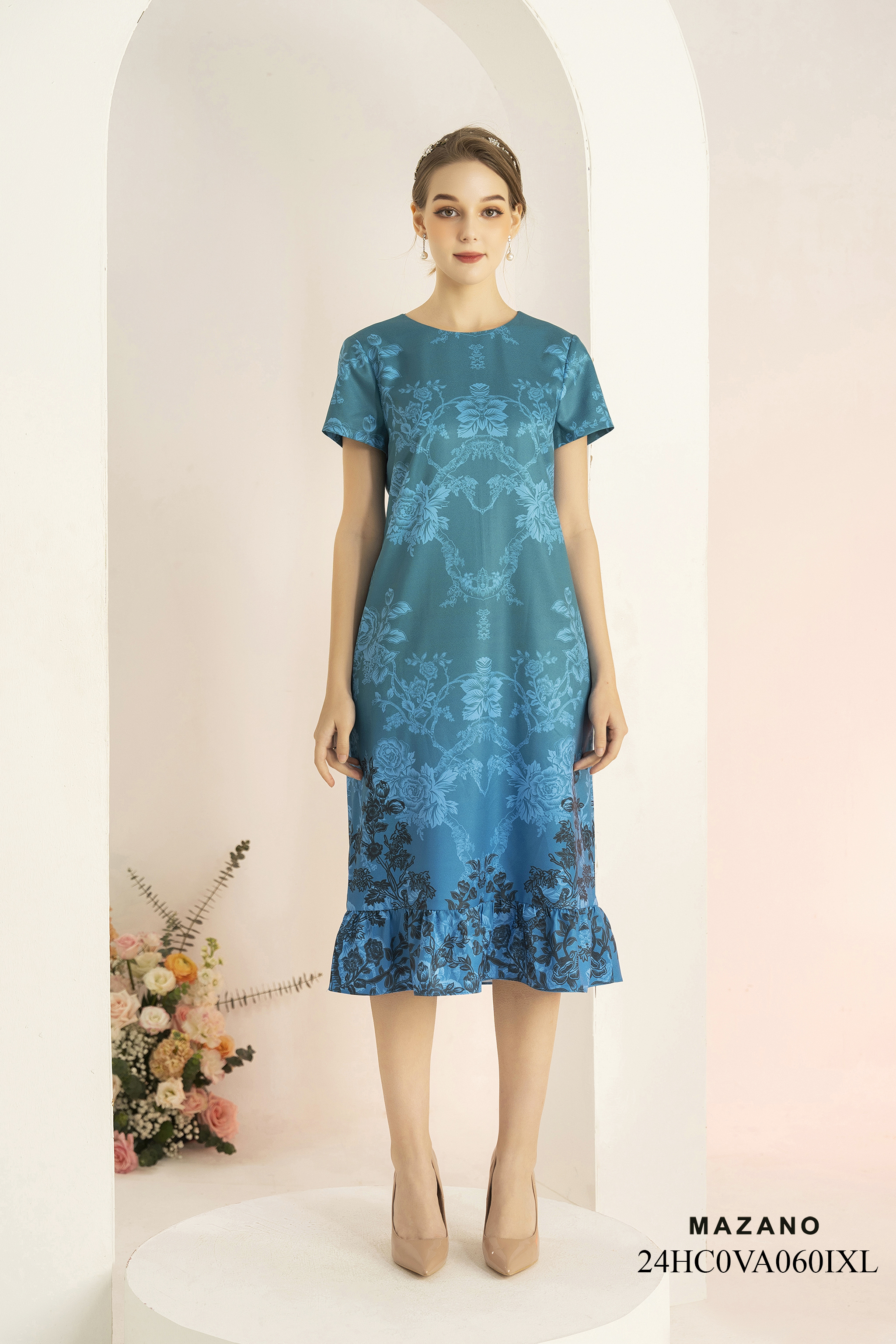 Váy Đầm Suông Vải thô mỏng Hoạ tiết hoa cách điệu in ombre Cổ tròn Tay ngắn Dài ngang bắp chân