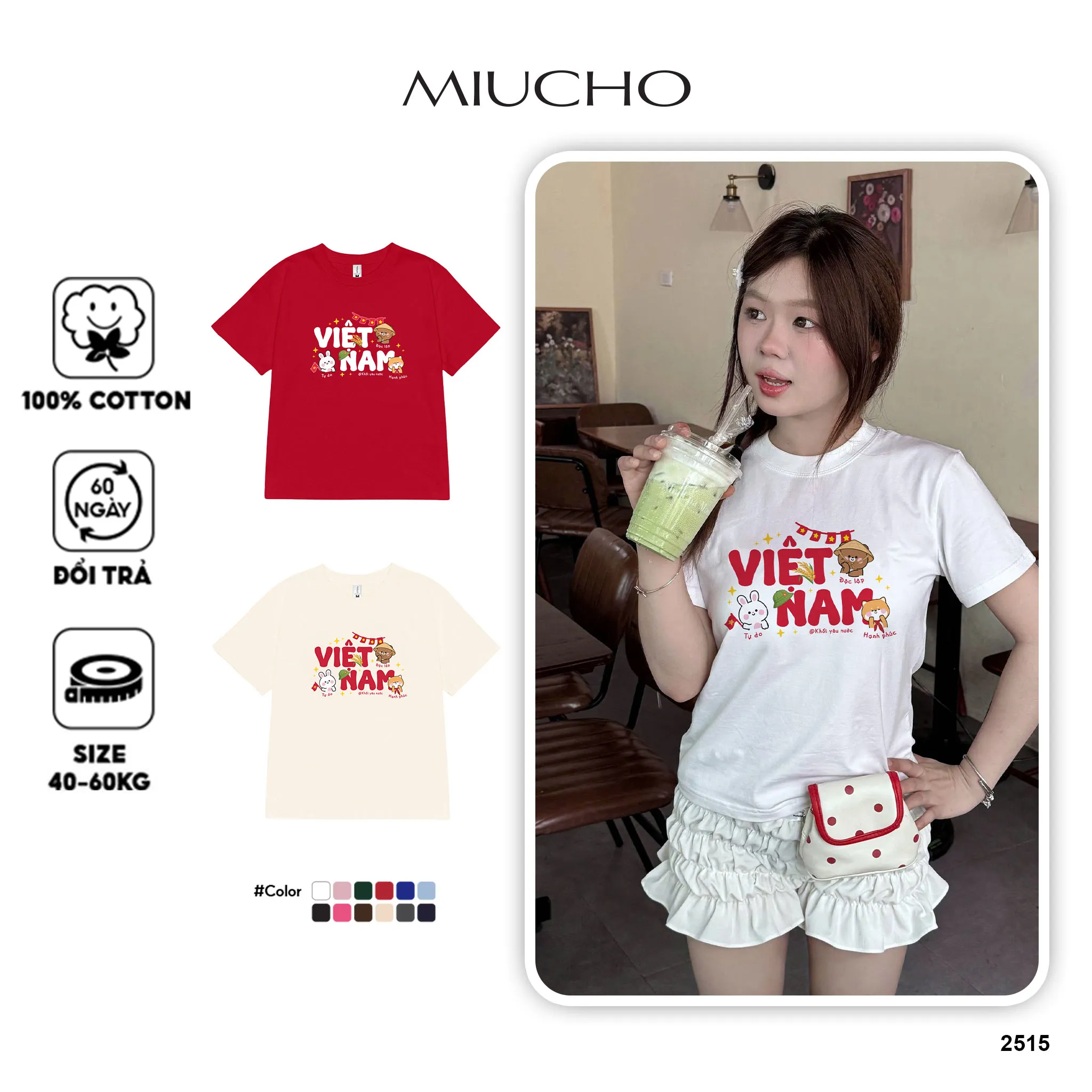 Áo baby tee tôi yêu Việt Nam 2515 Miucho tay ngắn vải cotton thoáng mát cổ tròn in mix