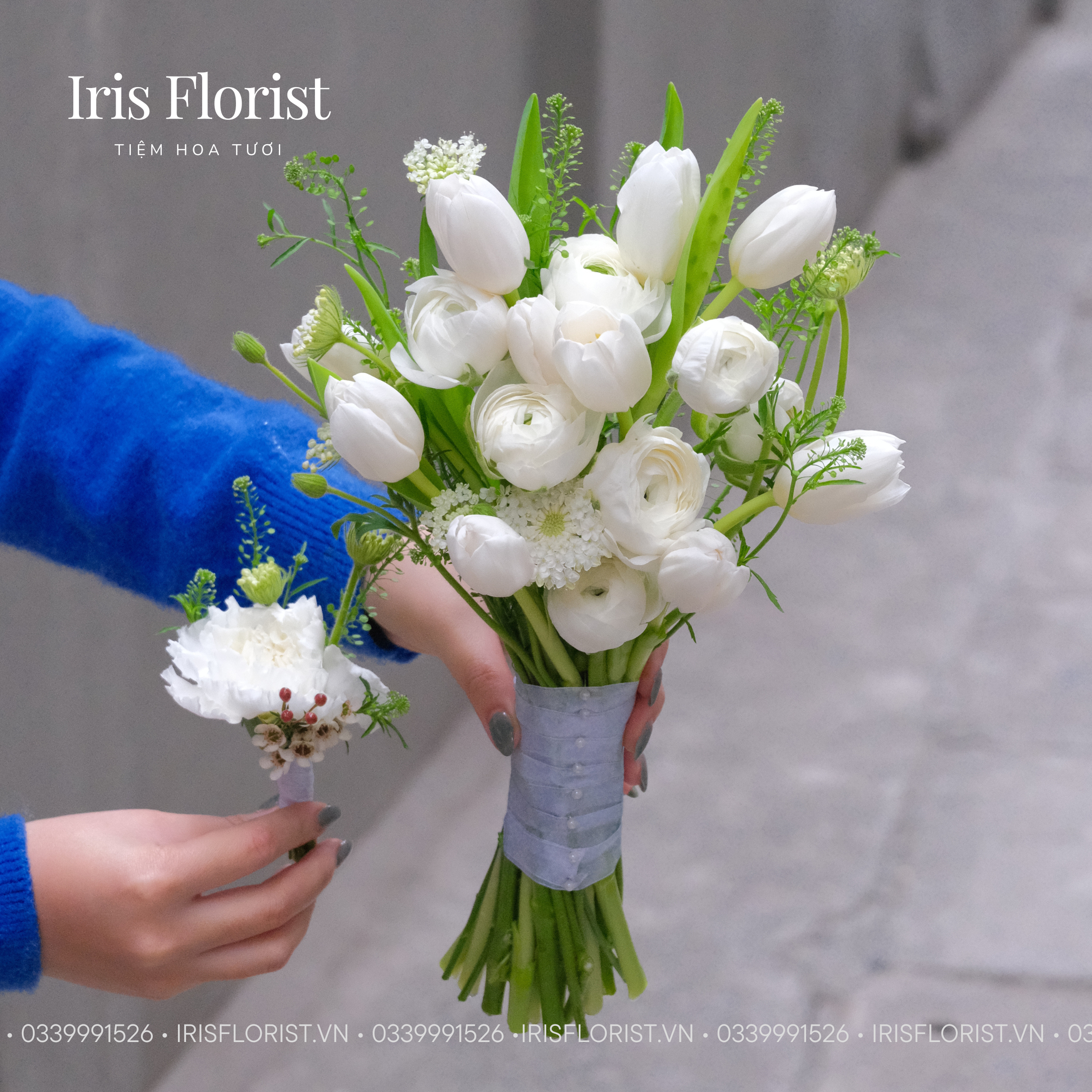 Bó hoa cưới Tulip mix mao lương trắng và hoa lá phụ