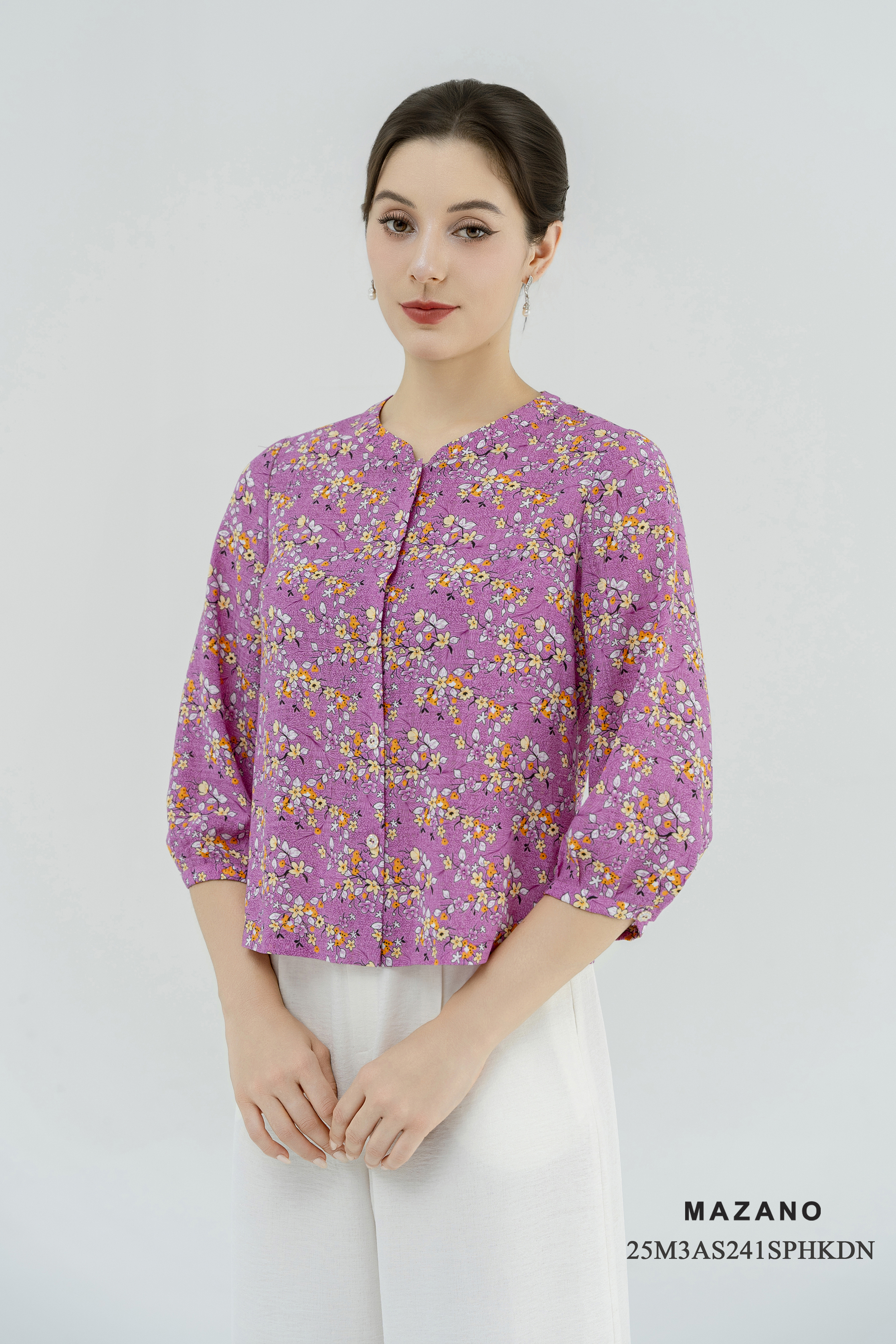 Áo sơ mi cài khuy Suông Vải thô mỏng Họa tiết hoa nhỉ Cổ tàu cách điệu cài khuy Tay lỡ Dài dưới eo