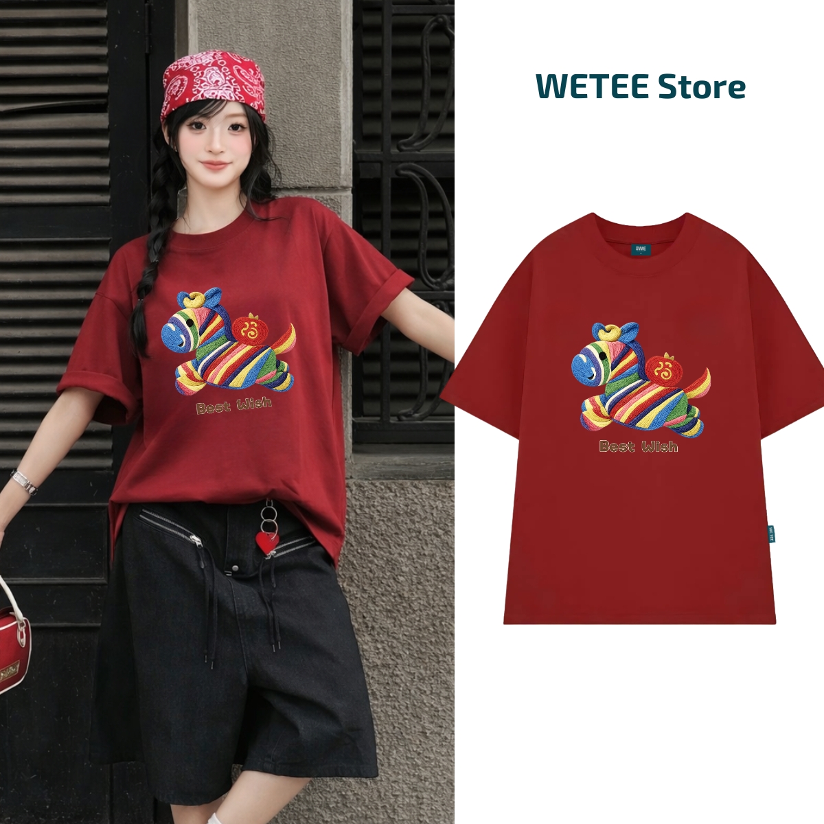 Áo thun Tết 2026 hình chú ngựa Best Wish dáng oversized rộng nam nữ local brand WE TEE - WU1121