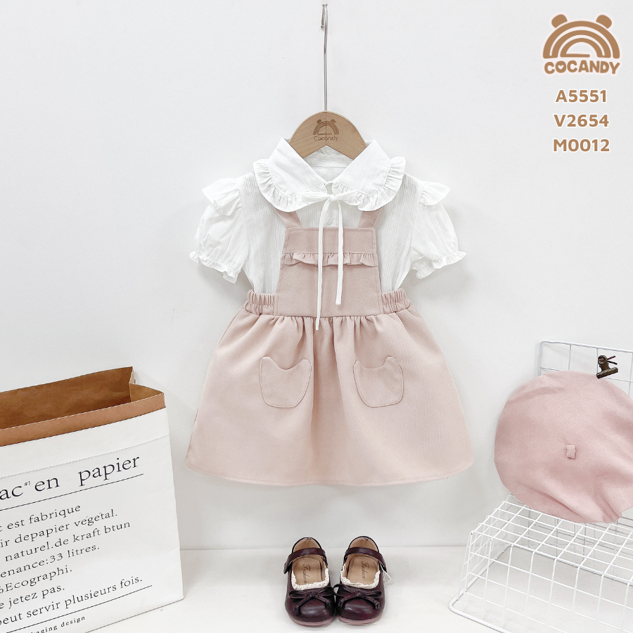 Váy yếm nhung HỒNG 2 túi ngực bèo