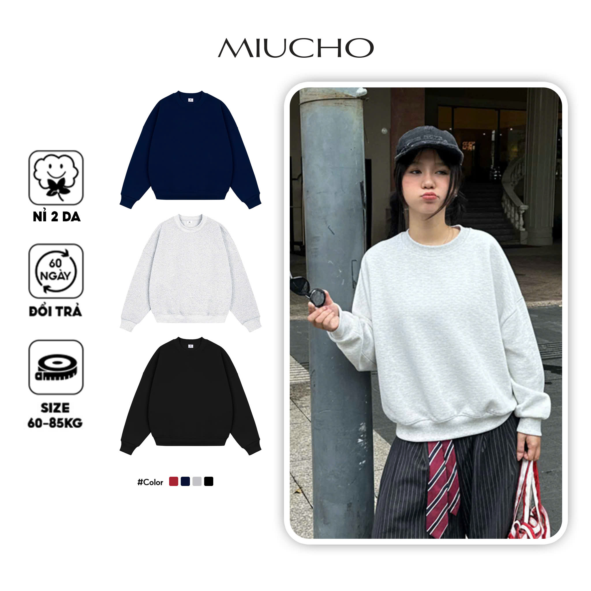 Áo sweater trơn form boxy Miucho tay dài cổ tròn vải nỉ 2 da cao cấp thoáng mát