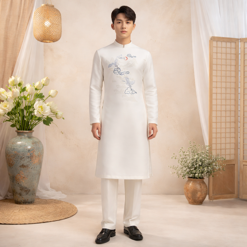 Áo Dài Nam Cách Tân Thêu Hạc Vân Sơn Thủy – Trắng Ngà NA25-07