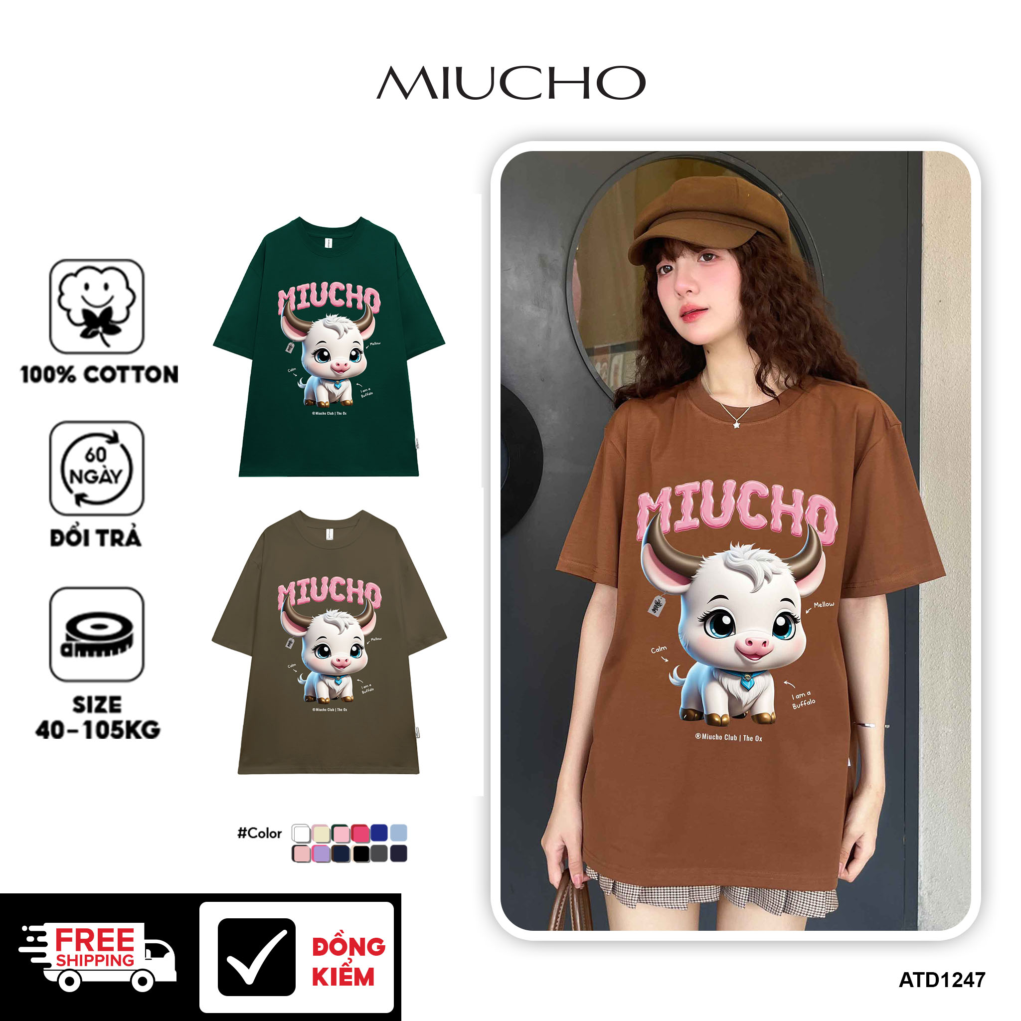 Áo thun form rộng 12 con giáp tuổi Sửu ATD1247 Miucho tay ngắn cổ tròn in mix