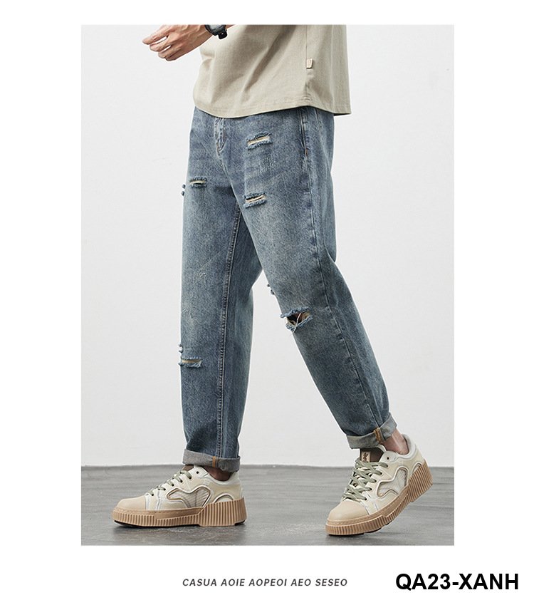 Quần Jeans Rách Phong Cách Retro Mỹ Nam Hợp Thời Trang Quần Ống Rộng Nam Mùa Thu2025Quần dài kiểu dáng mới