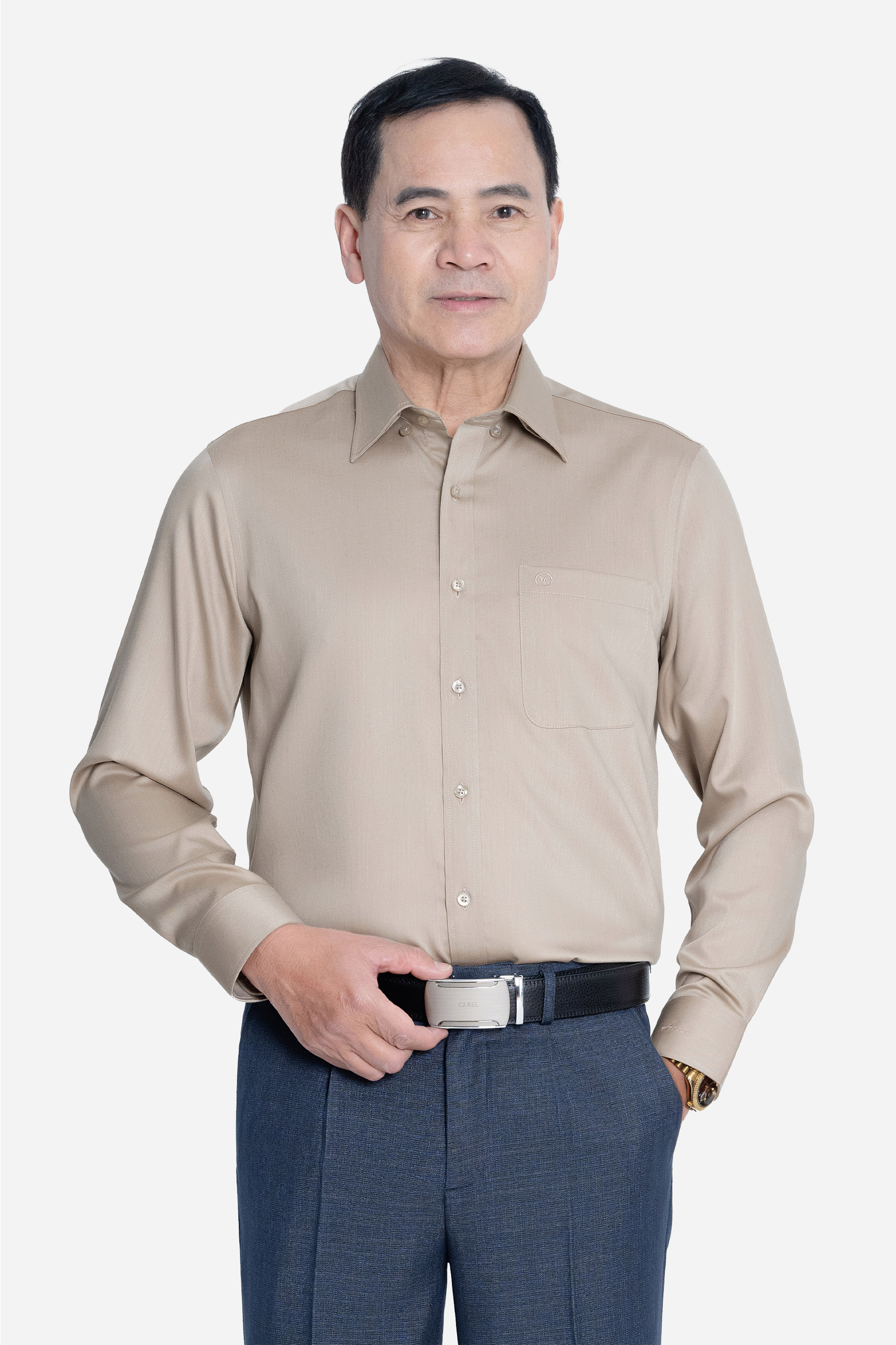 Sơ Mi Trơn Dài Tay Nam Trung Niên ANCHI Chất Liệu Sợi Sồi Cao Cấp Màu Be