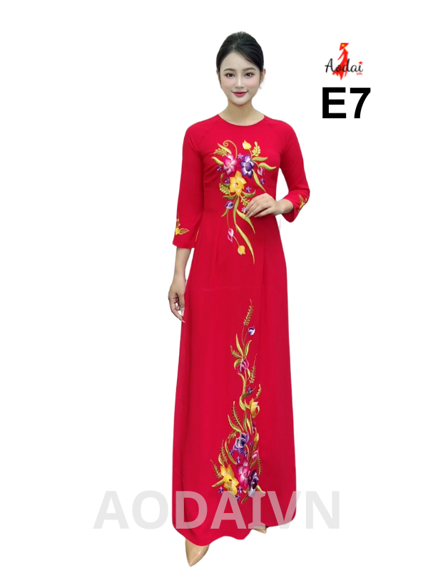 Áo dài thêu E7 Tằm Ý màu đỏ cổ tròn tay lỡ thêu hoa Lan 7 màu