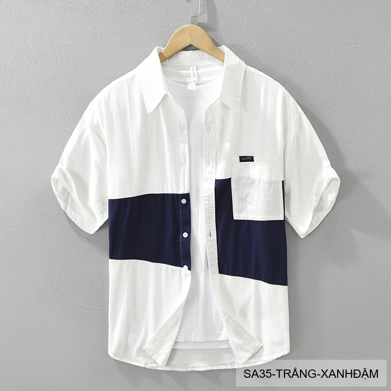 SA35 - Áo Sơ Mi Nam Tay Ngắn Phong Cách Nhật Bản, Chất Liệu Bông 100%, Thiết Kế Phối Màu Trẻ Trung