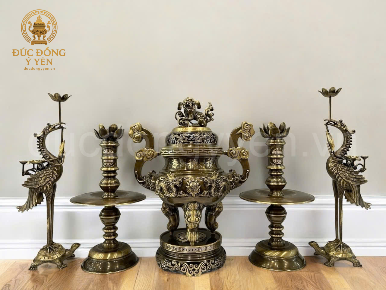 Bộ ngũ sự cao 50 cm làm màu 2 công nghệ đúc đồng vàng thau