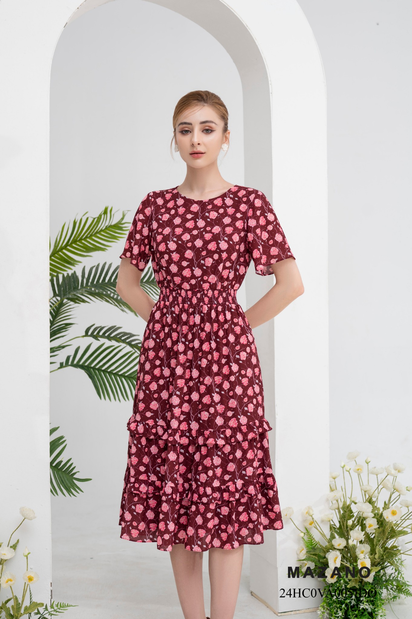 Đầm đỏ chun eo chân nhún bèo họa tiết hoa màu hồng_thumbnail_2