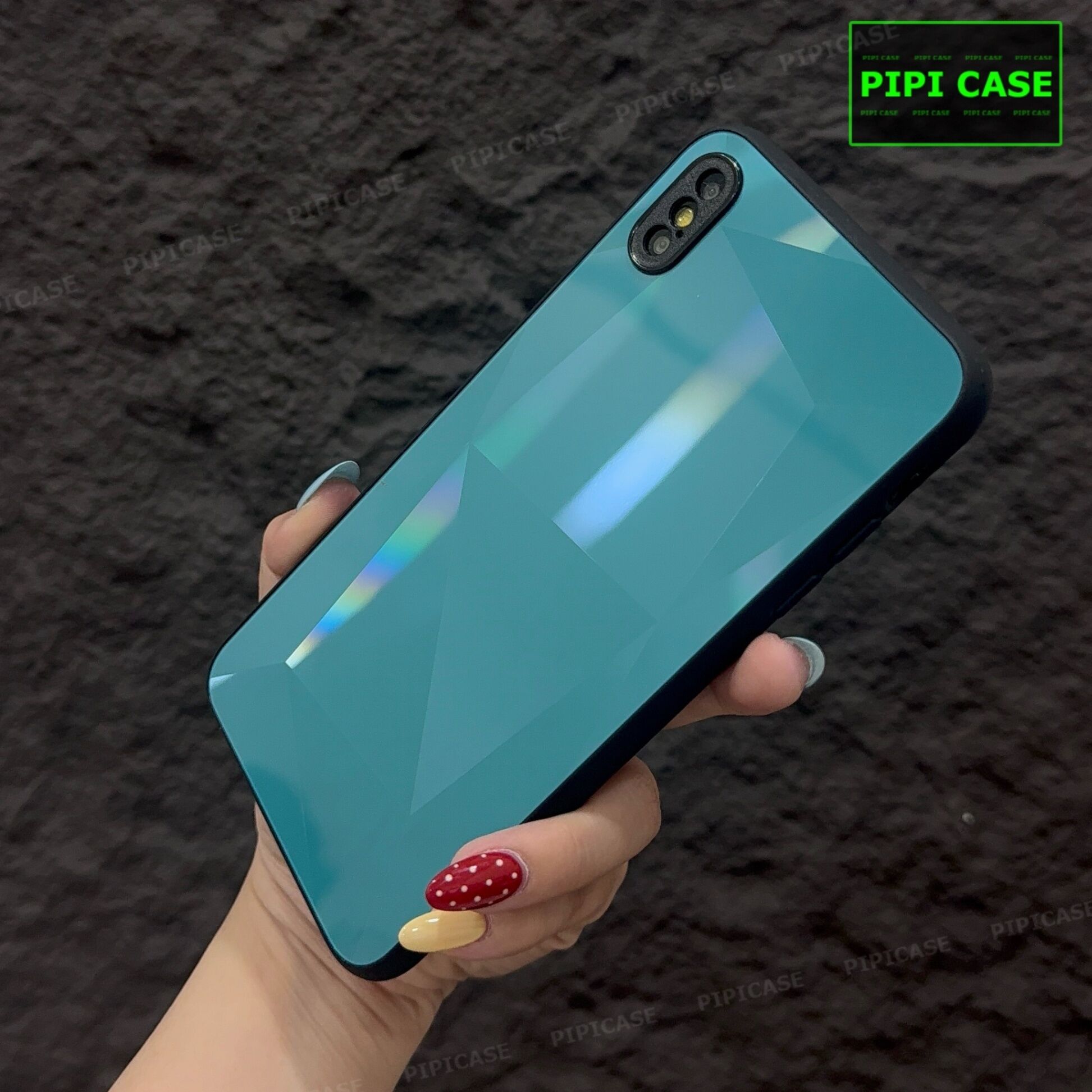Ốp Lưng iPhone X / XS - Kim Cương 6D - Xanh Ngọc