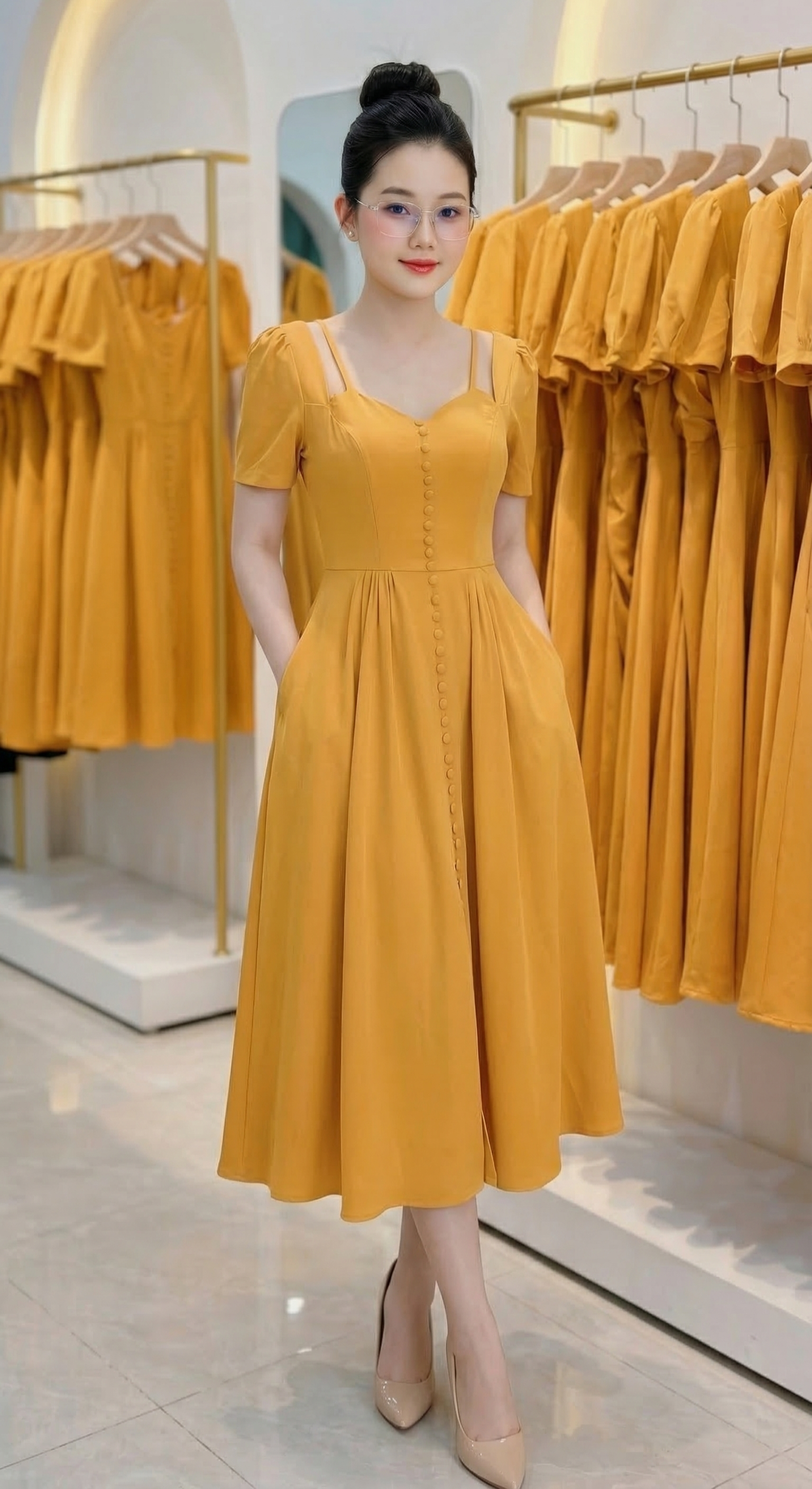 Đầm xòe tiểu thư tay con cut out đính nút_thumbnail_3