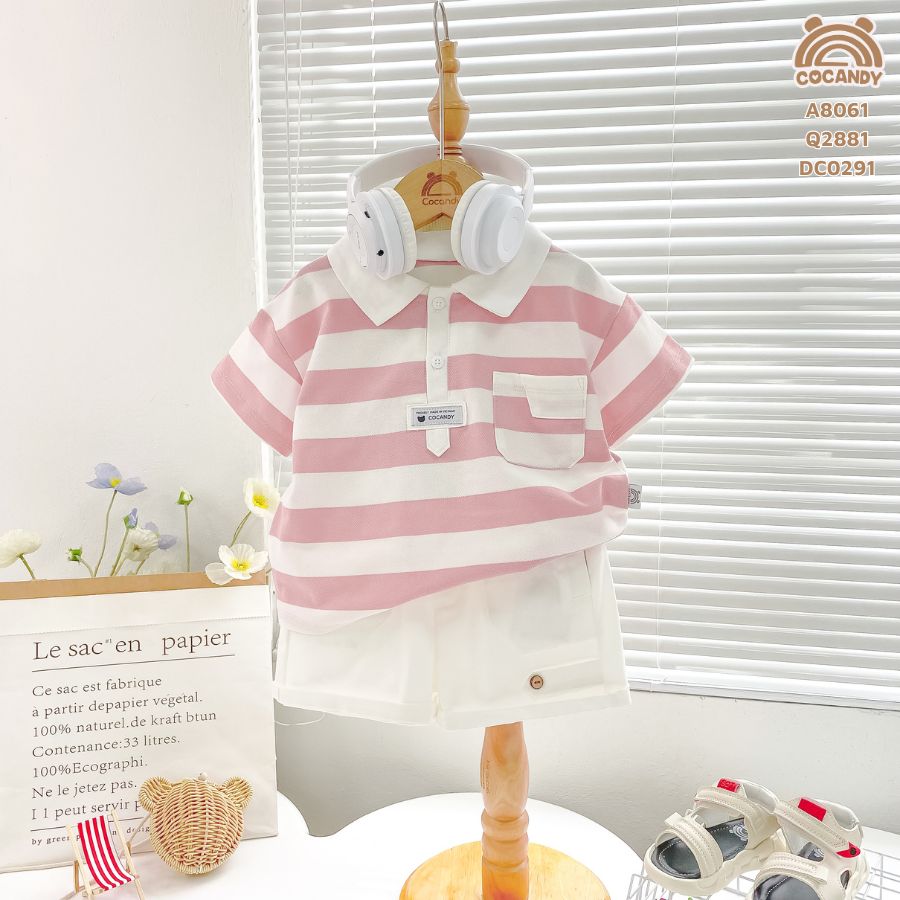 Áo cộc kẻ HỒNG polo phối đáp nẹp