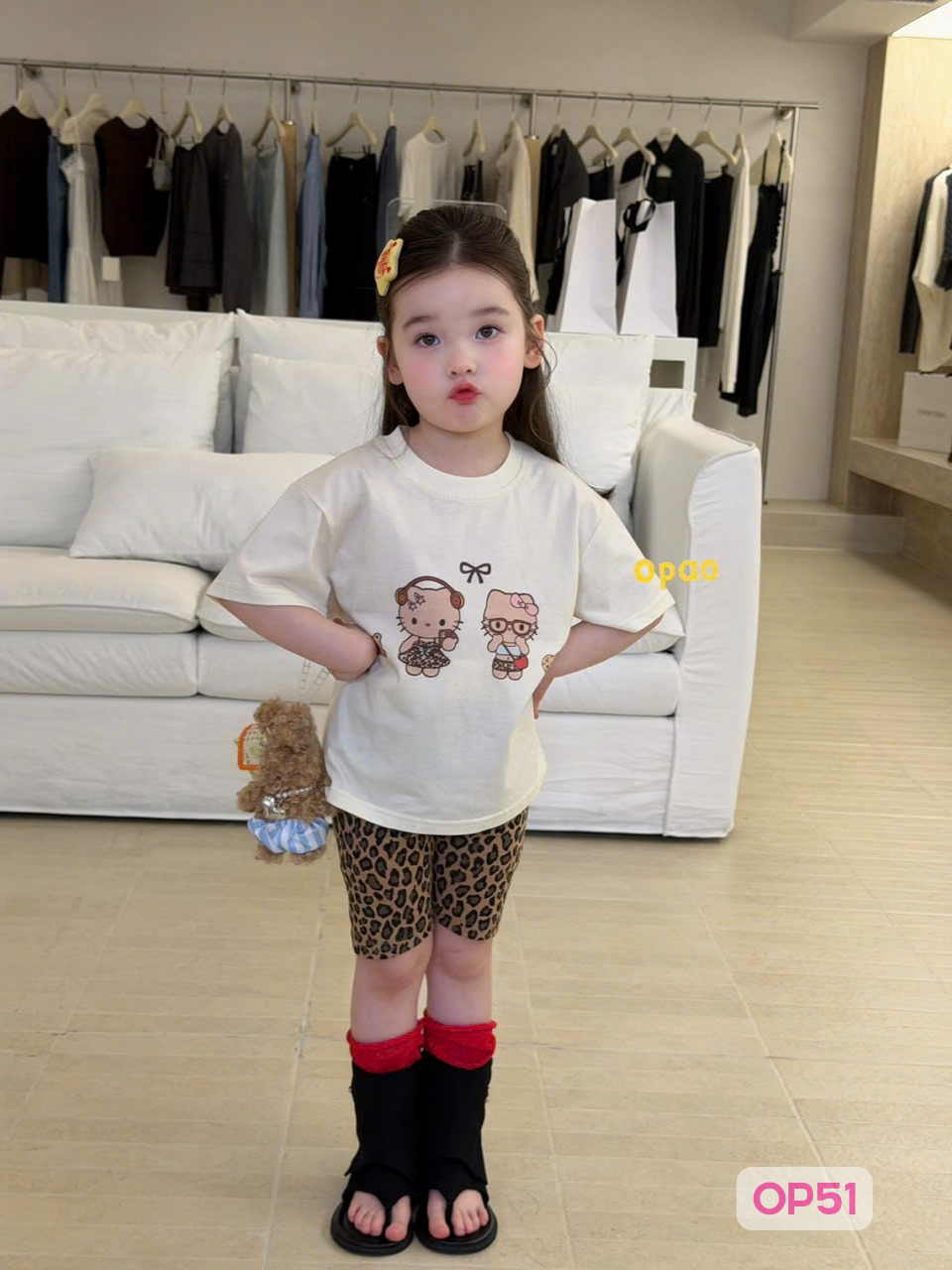 OP51 - Set cotton áo in hình kèm quần đùi da beo hãng Opao