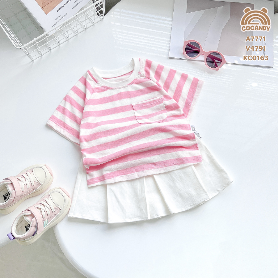 Áo cộc kẻ HỔNG TRẮNG phối túi ngực COCANDY