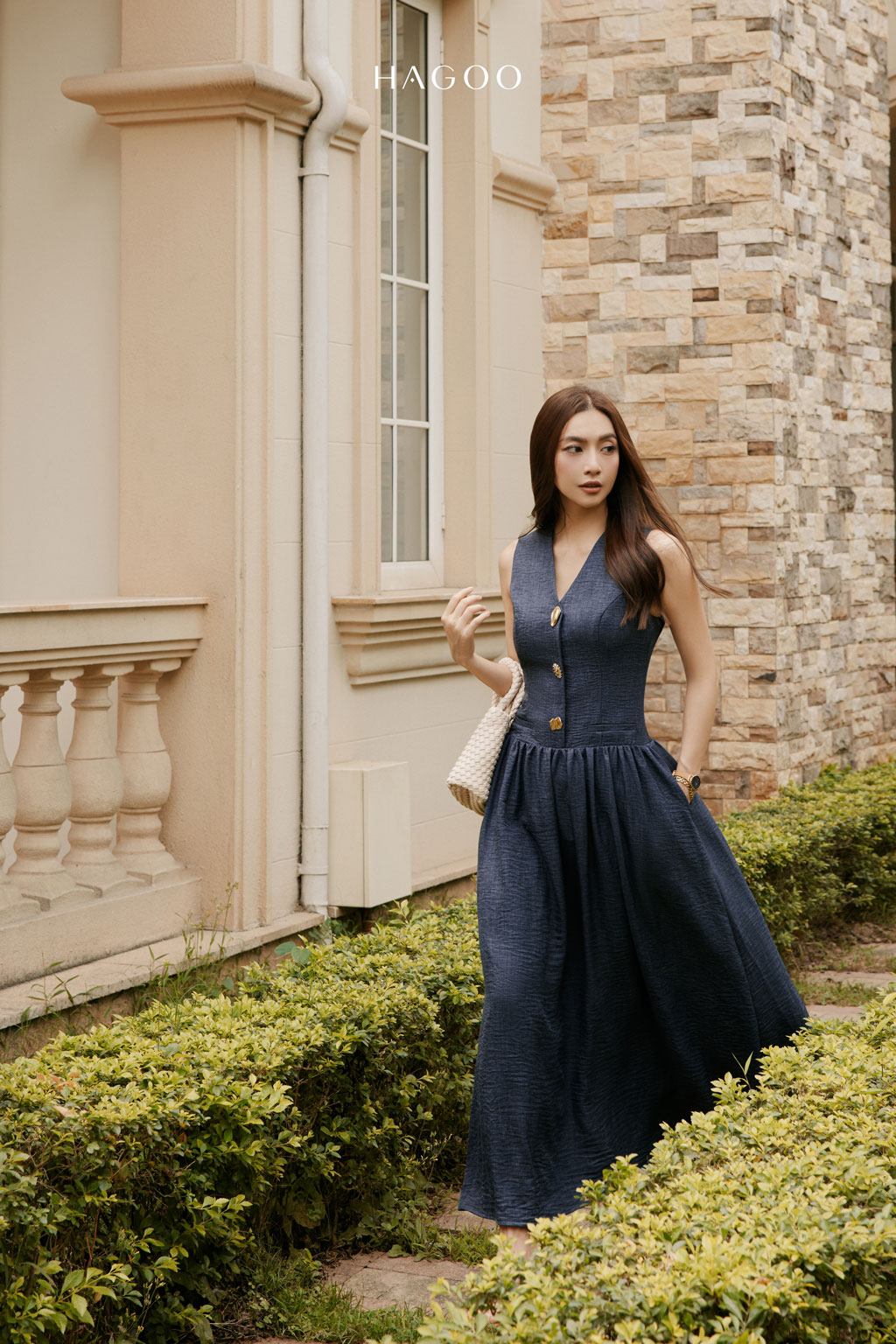 Váy đũi tơ xòe cúc đồng HAGOO