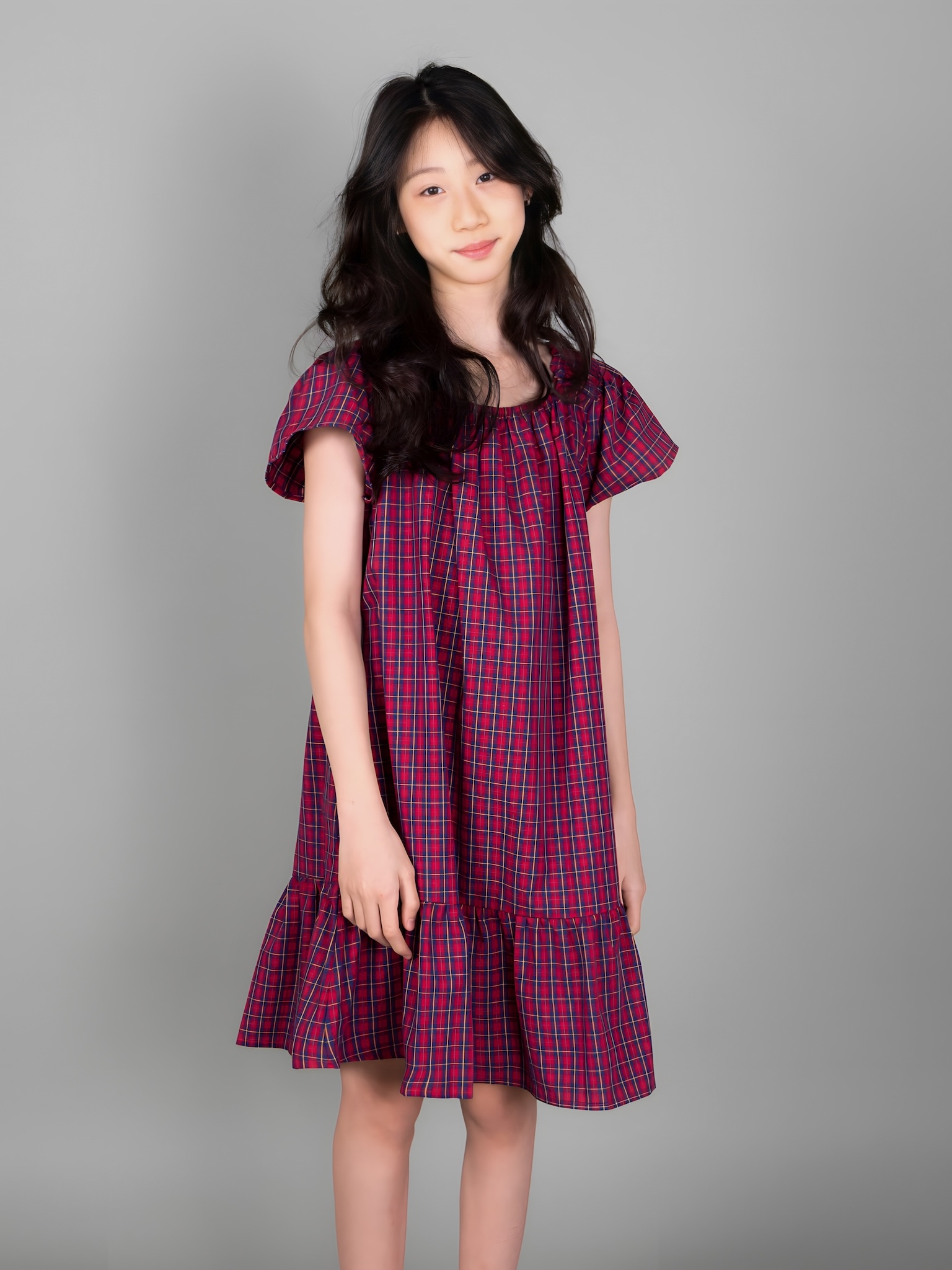 Váy kẻ caro đỏ chun vai