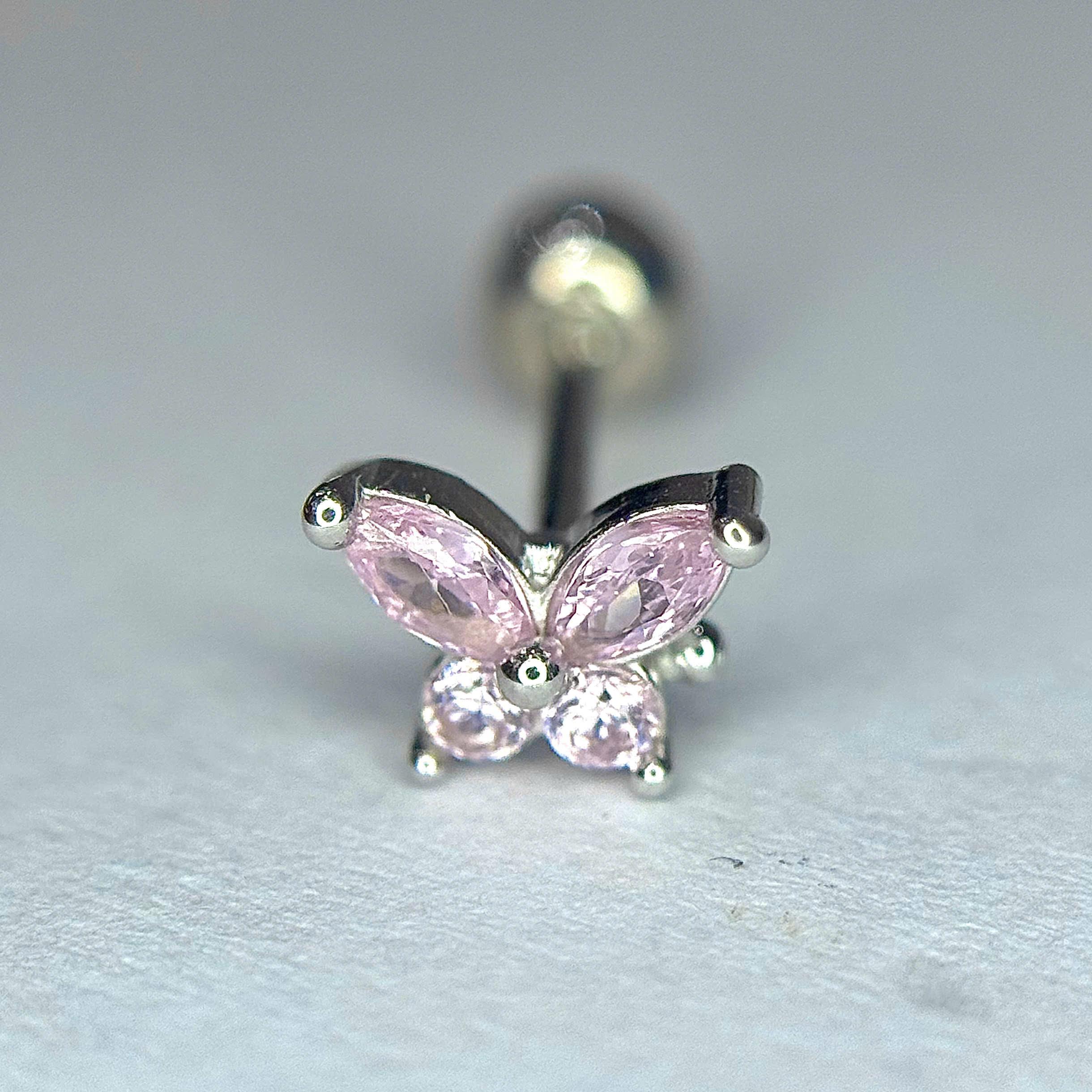 Khuyên kiểu bạc si kim bướm hồng nhỏ