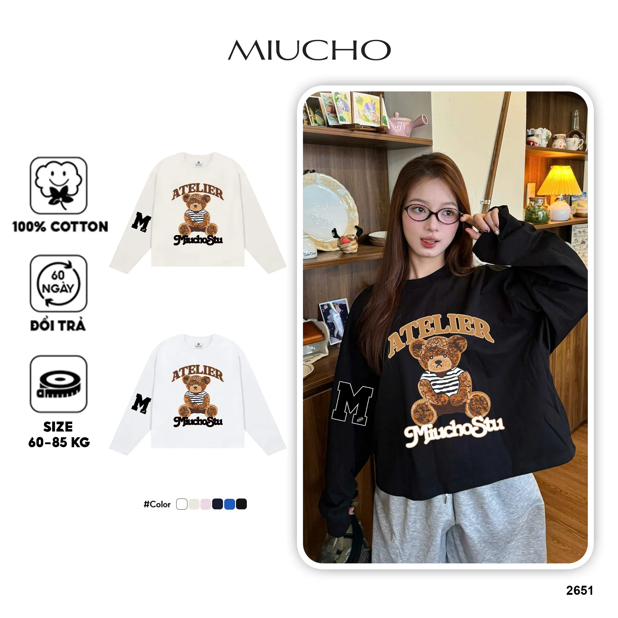 Áo thun tay dài boxy Miucho cotton thoáng mát co giãn 2C hình gấu teddy Atelier 2651