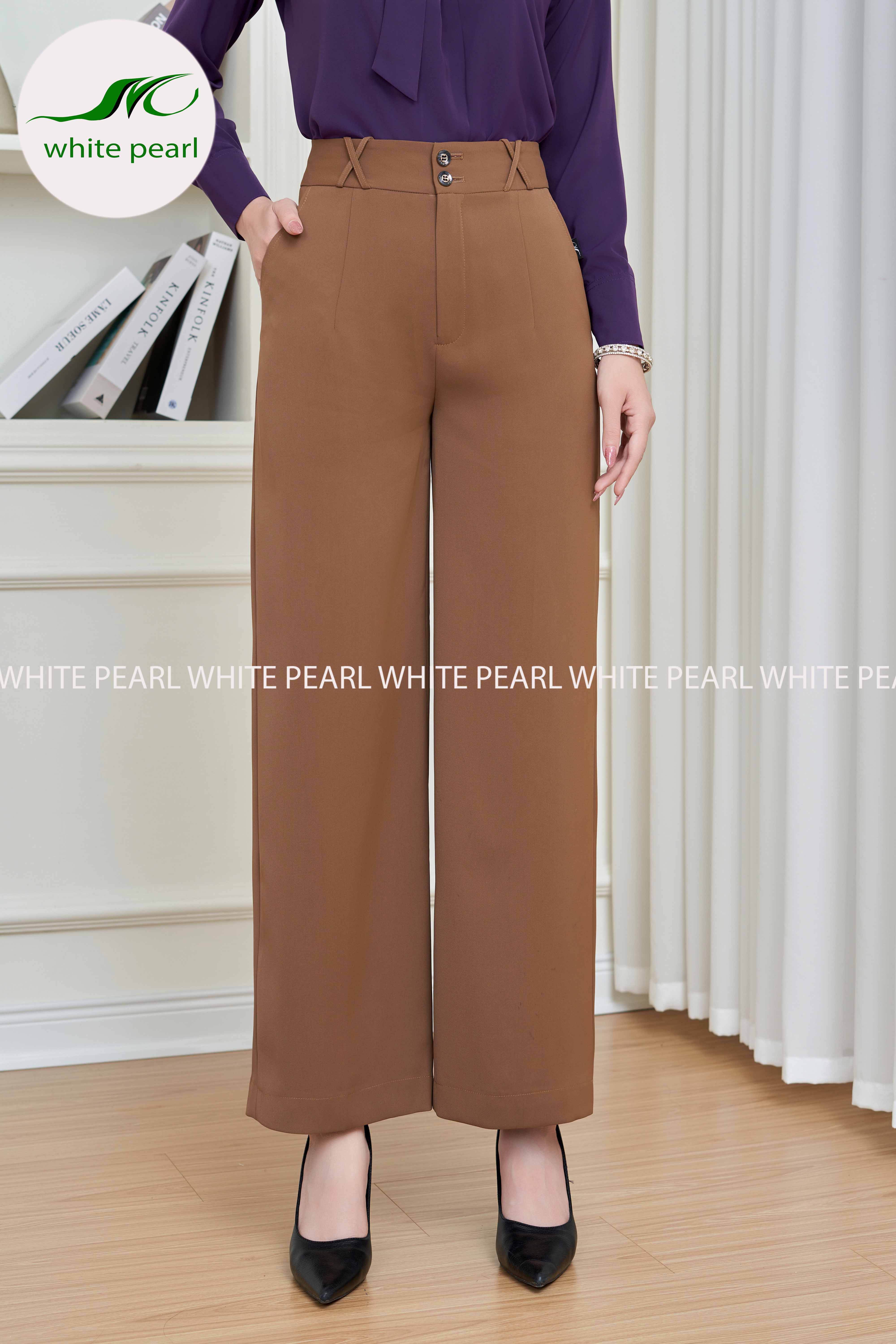 Quần suông đai X Màu Nâu thời trang công sở cao cấp White Pearl