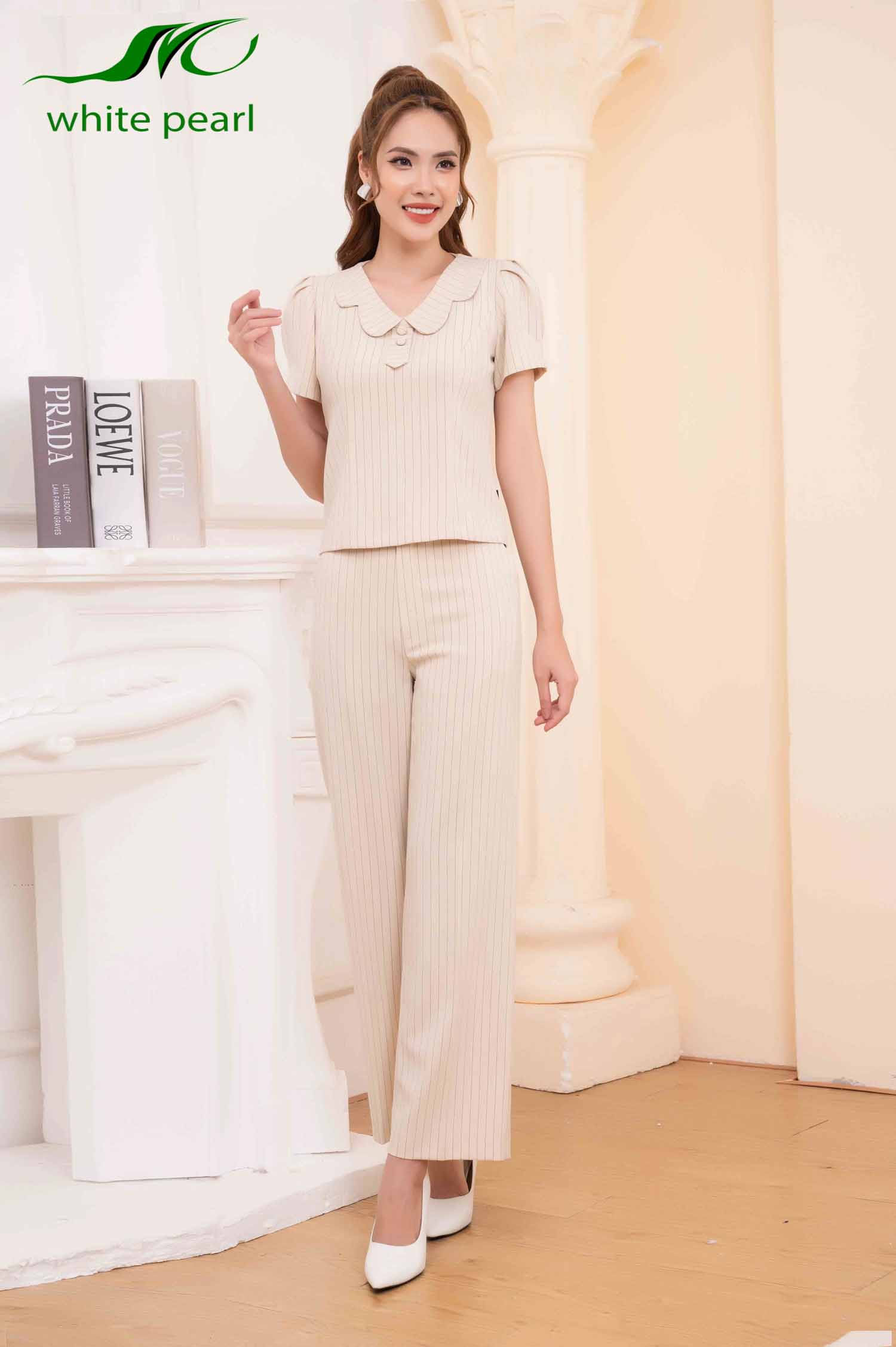 Bộ áo cổ nơ cà AK2344 Quần ống suông Q2204 thời trang công sở cao cấp White Pearl_thumbnail_2