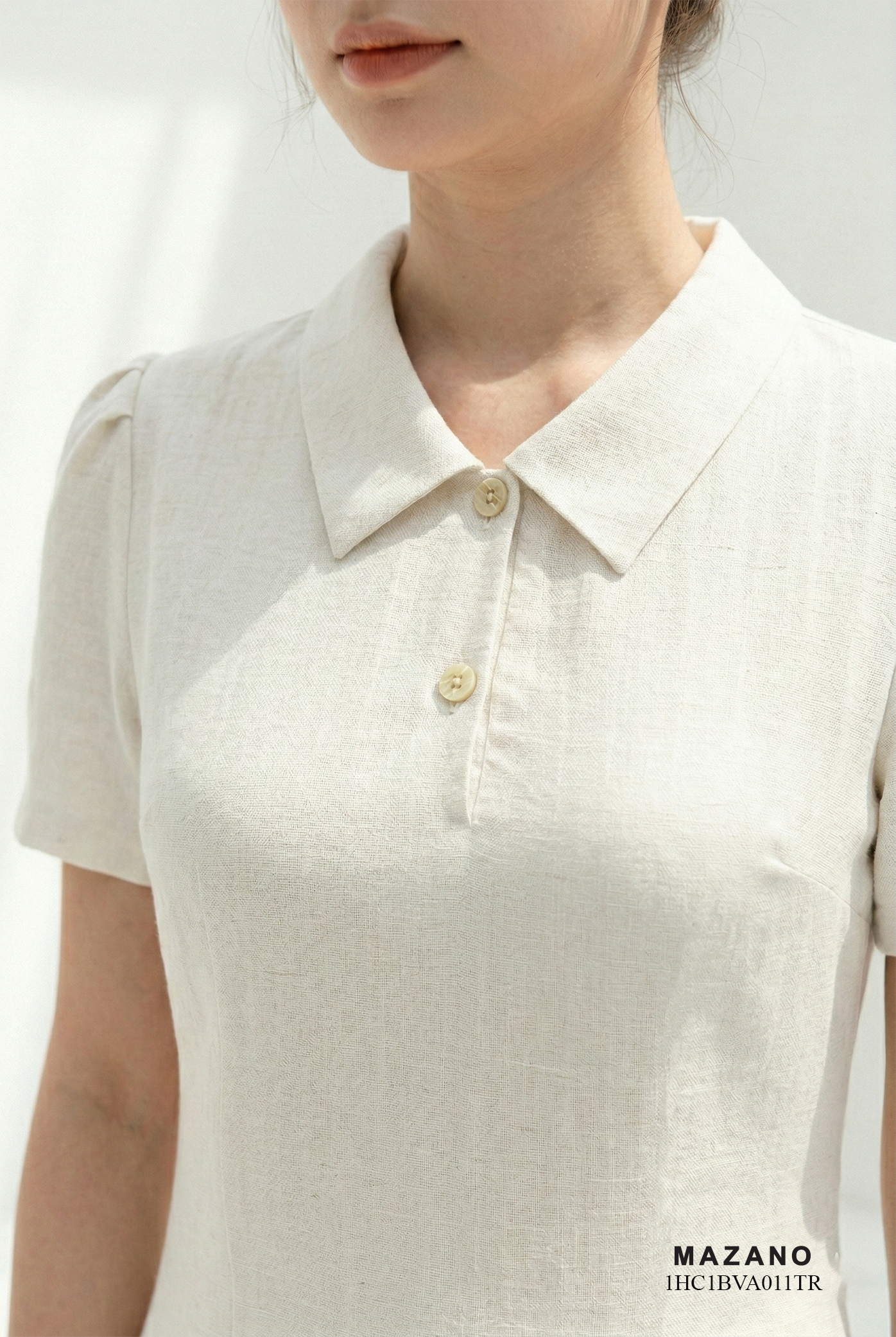 Đầm vải thô pha linen trắng kem dáng suông cổ sơ mi tay ngắn thiết kế MAZANO 1HC1BVA011TR_thumbnail_5