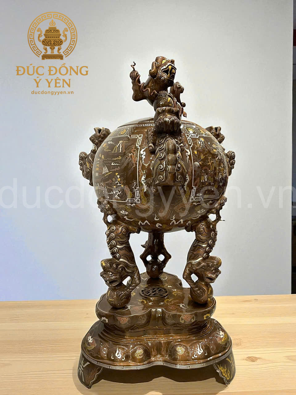 Đỉnh thất lân vờn cầu khảm ngũ sắc đúc đồng đỏ cao cấp _thumbnail_2