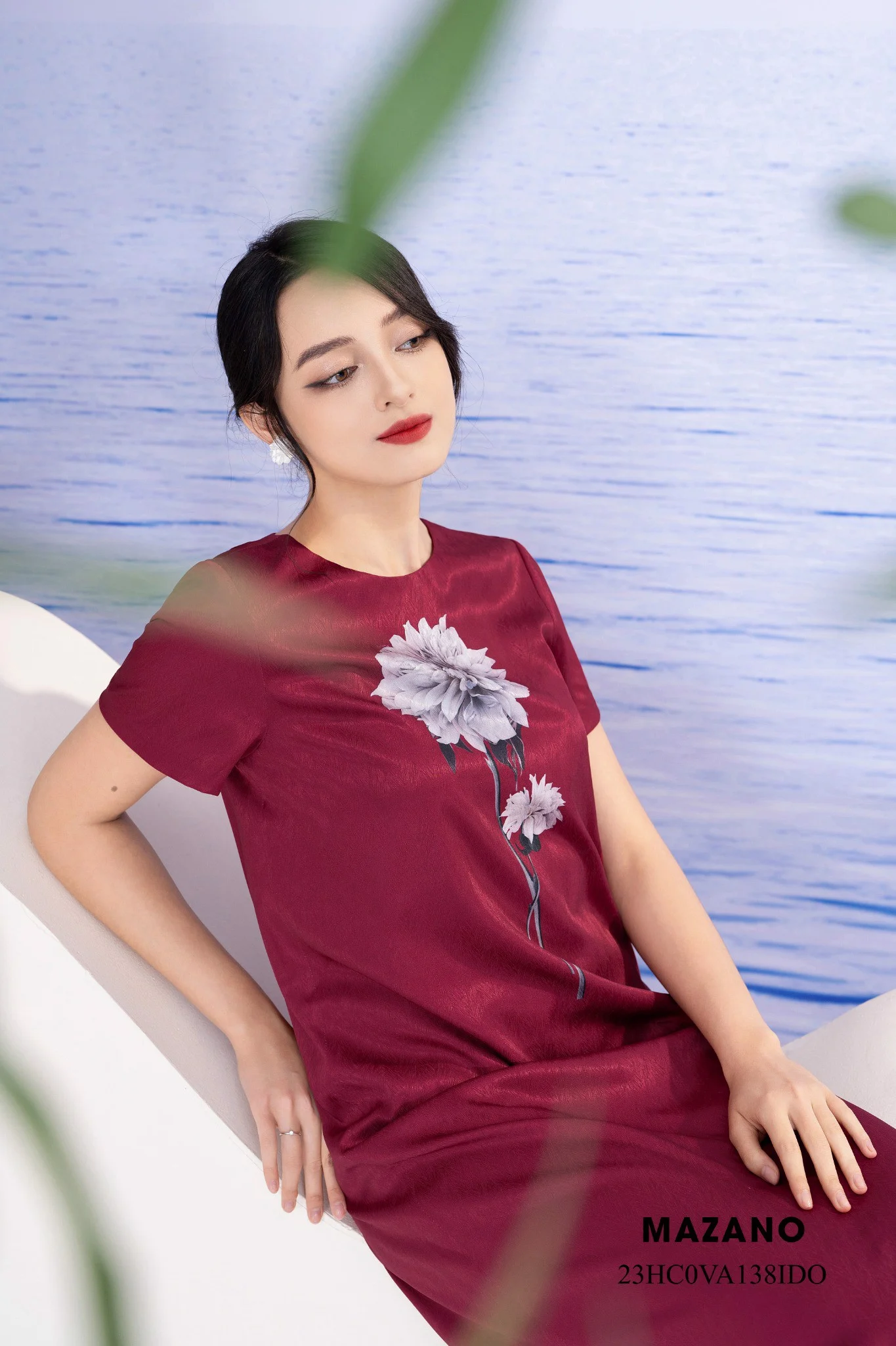 Váy Đầm suông A Vải lụa mỏng Hoạ tiết hoa bố cục Cổ tròn Tay ngắn Dài ngang bắp chân