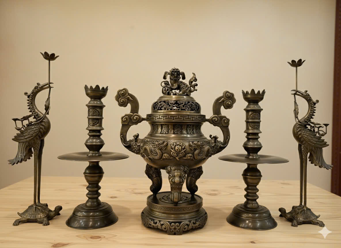 Bộ đồ thờ ngũ sự cao 70cm đúc đồng vàng hun màu giả cổ 