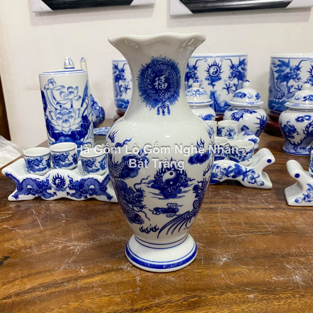 Lọ Hoa Đồ Thờ Cúng Họa Tiết Rồng - Sen 26cm, 32cm- Men Lam Cổ Cao Cấp Gốm Sứ Bát Tràng