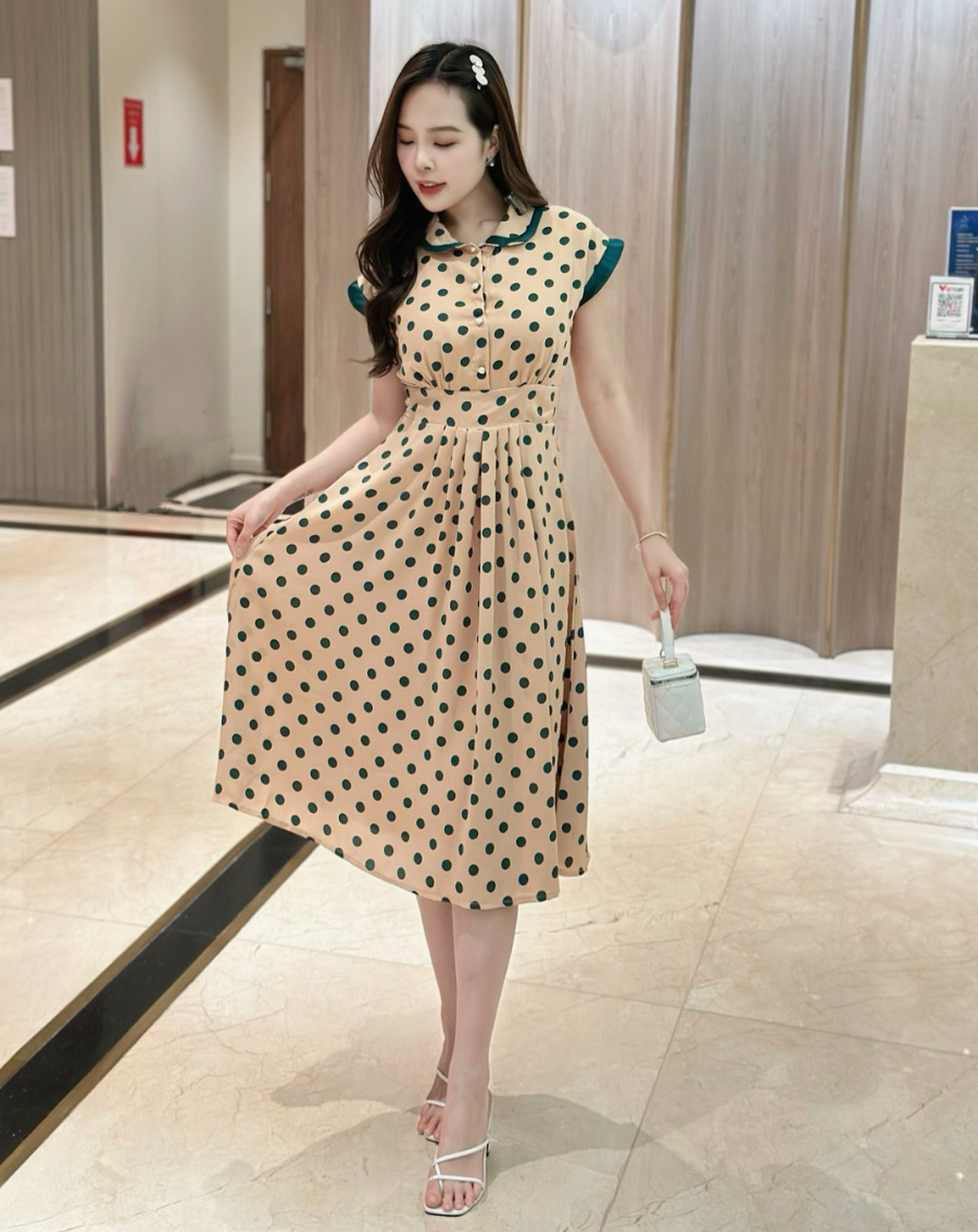 Đầm xòe họa tiết chấm bi cổ Peter cột nơ_thumbnail_1