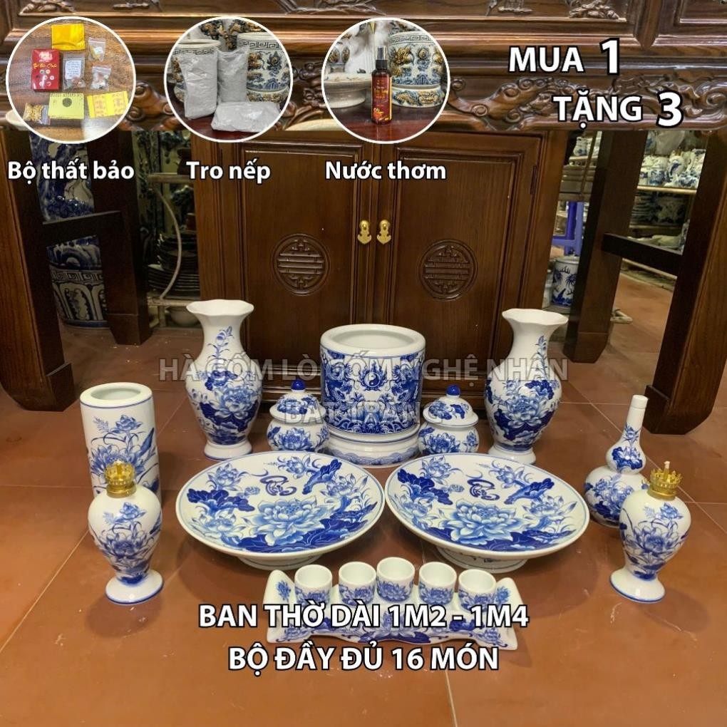 HG278 Đồ Thờ Cúng Bộ 16 món ban thờ 1M2 - 1M4 men trắng nghệ nhân Bát Tràng chế tác TẶNG Thất Bảo, Tro Nếp