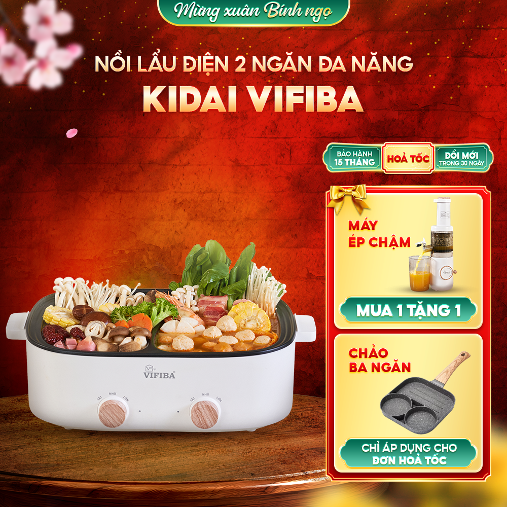Nồi Lẩu 2 Ngăn Kidai Vifiba - Song Lẩu - TẶNG MÁY ÉP CHẬM