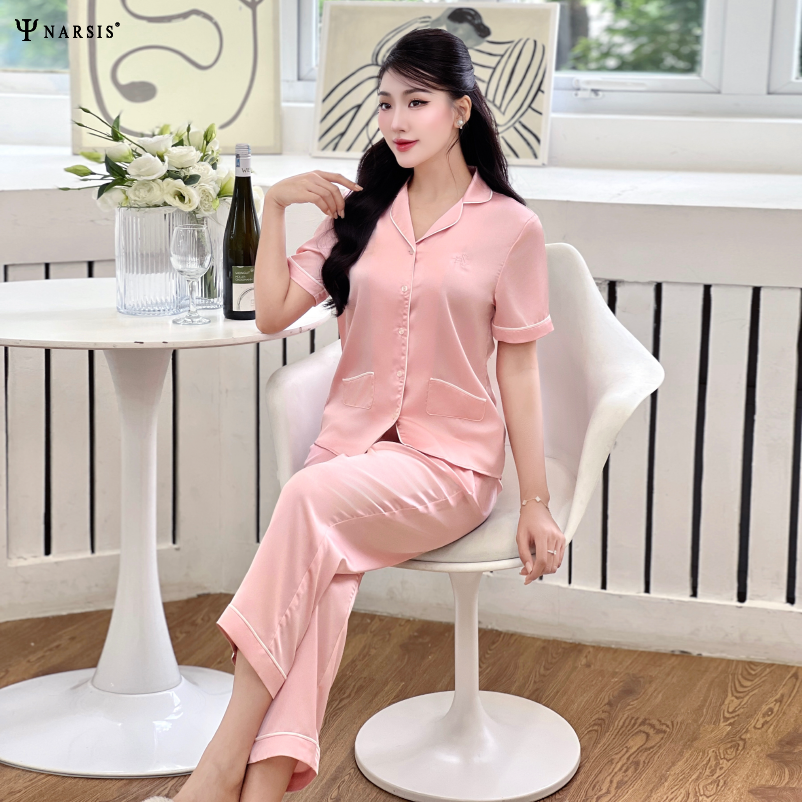 Đồ ngủ pijama lụa Narsis M24037 tay ngắn, quần dài, màu hồng thanh lịch._thumbnail_2