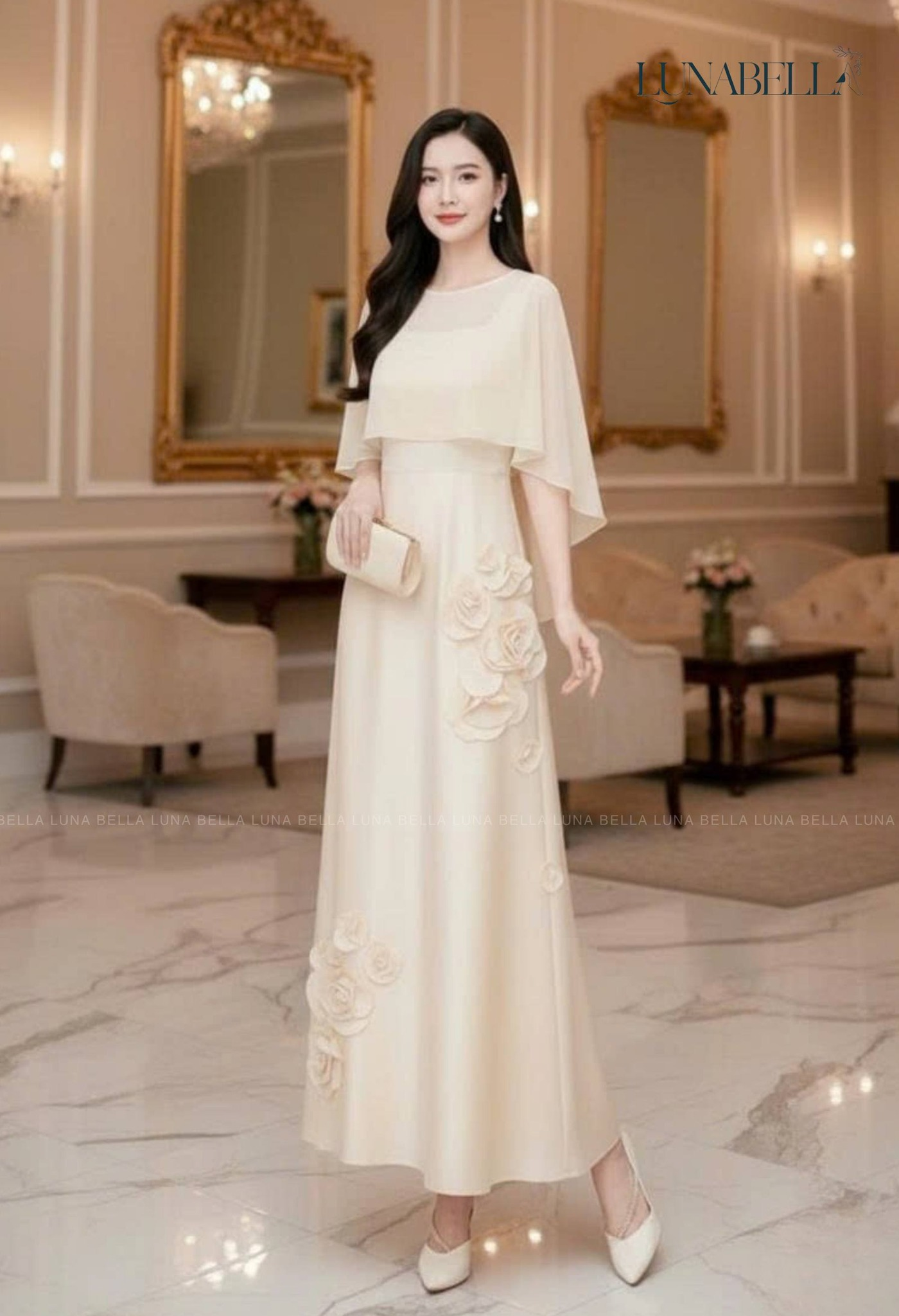 Váy dài kèm choàng ALLURE màu KEM