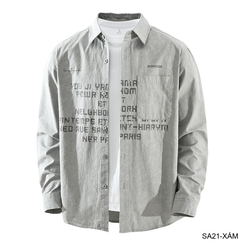 SA21 - Áo sơ mi nam dáng rộng phong cách Nhật Bản, cổ bẻ, tay dài, họa tiết chữ, chất cotton mềm mại