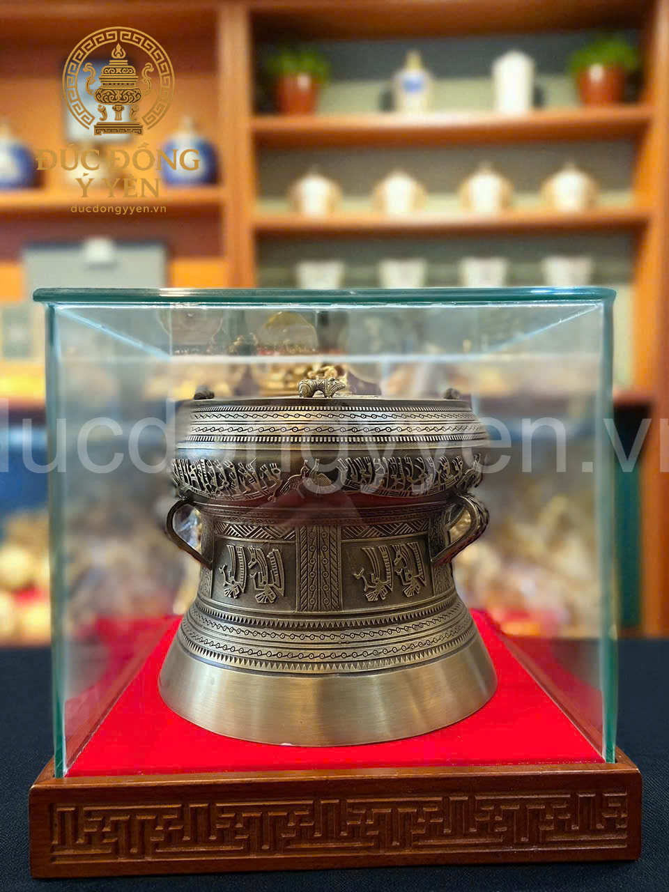 Quả trống đồng quà tặng đồng vàng hun màu giả cổ KT 25CM 