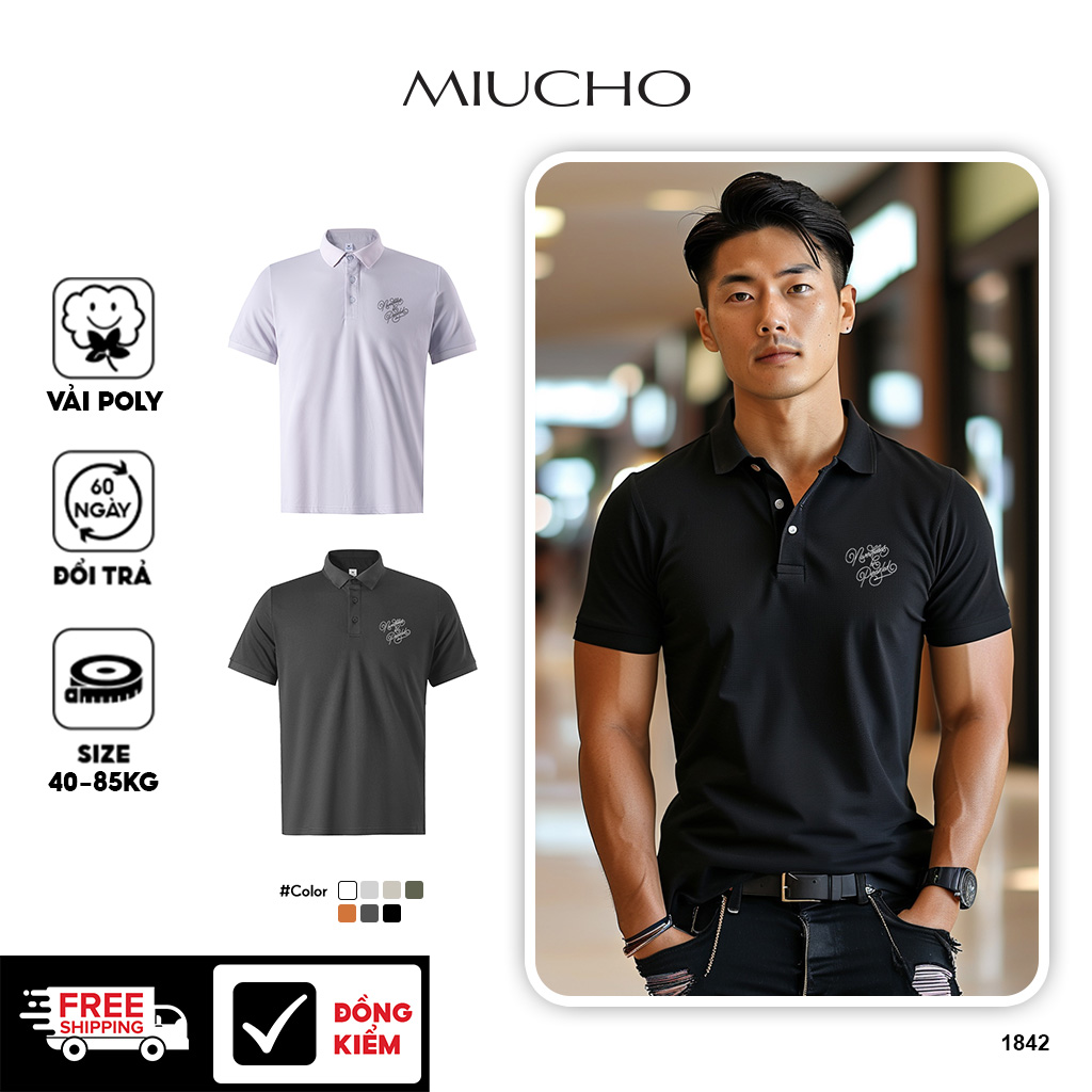 Áo polo nam form vừa regular vải cá sấu đứng form thoáng mát 1842 Miucho Iconic in typography