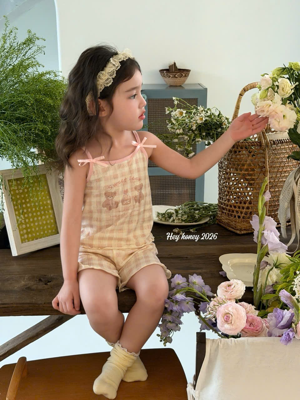 V15 - Set ngủ cotton gấu caro hồng 2 chi tiết hãng HeyHoney