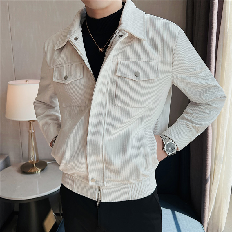 Áo jacket vải nhung nam dày thu đông áo jacket mẫu ngắn ôm dáng nhung sọc ve áo đơn giản áo khoác nam khí chất_thumbnail_5