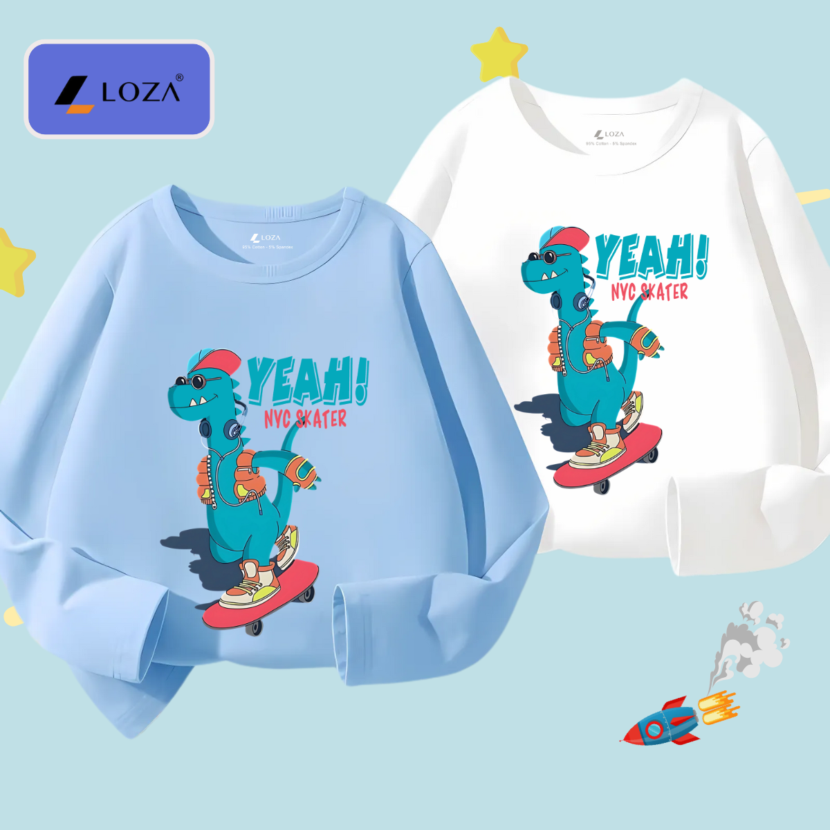 Áo thun dài tay bé trai in khủng long xanh - Loza Kids  KT3251