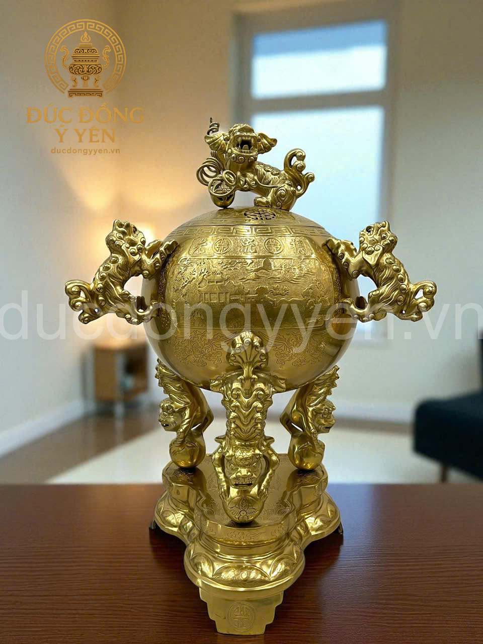 Đỉnh thất lân vờn cầu đúc đồng vàng cát tút 