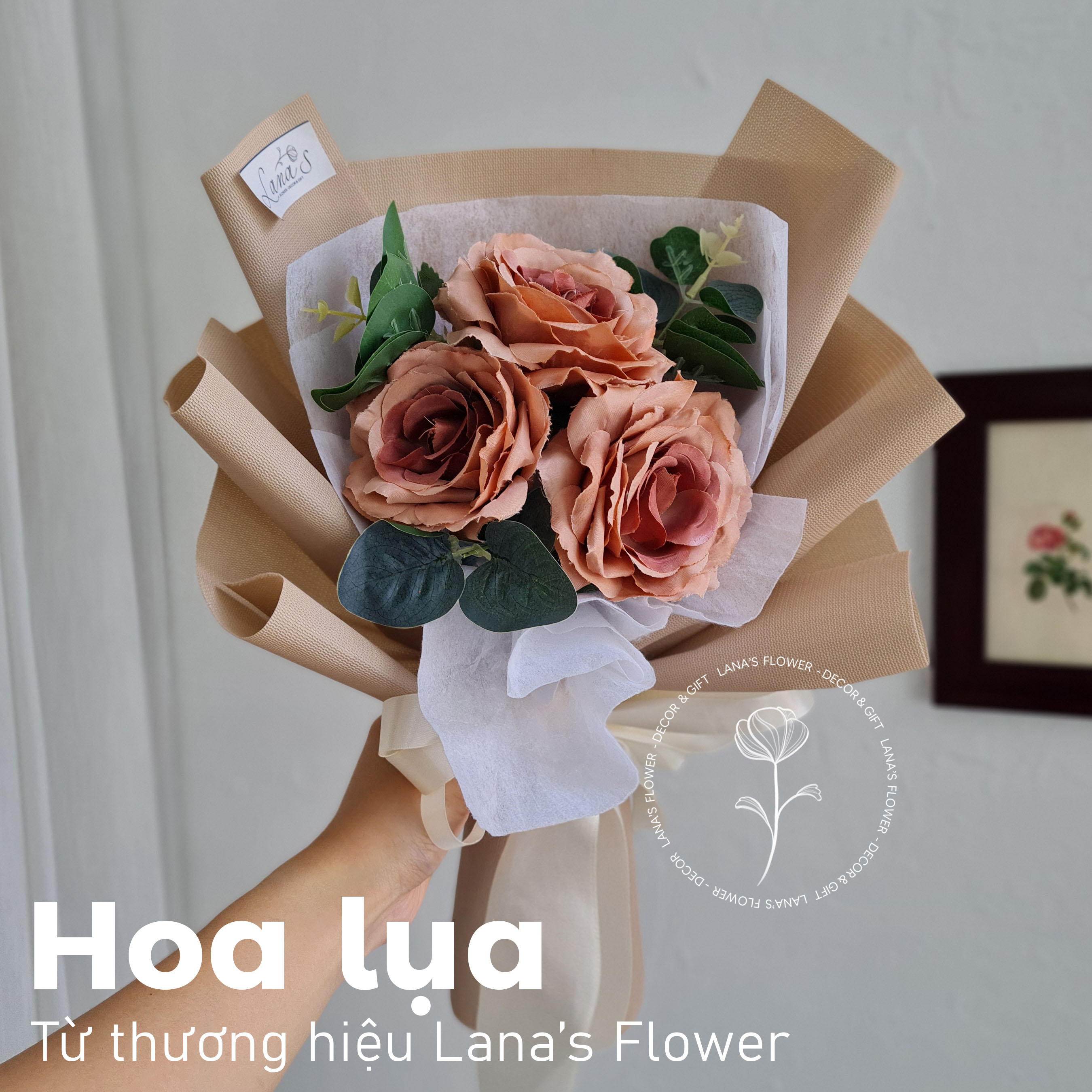 Bó hoa lụa size S - Hoa hồng cafe