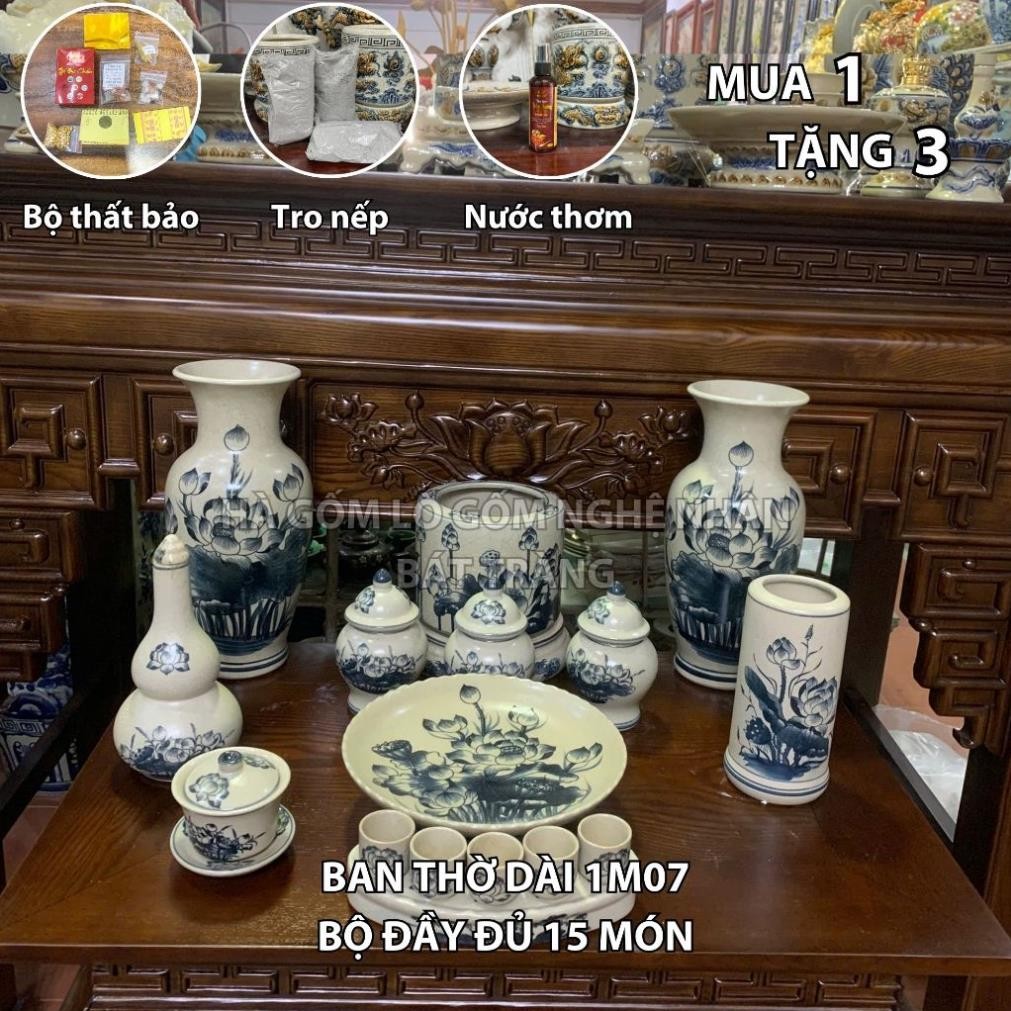 HG070 Đồ Thờ Cúng Bộ 15 món ban thờ 1M07 men rạn trơn nghệ nhân Bát Tràng chế tác TẶNG Thất Bảo, Tro Nếp