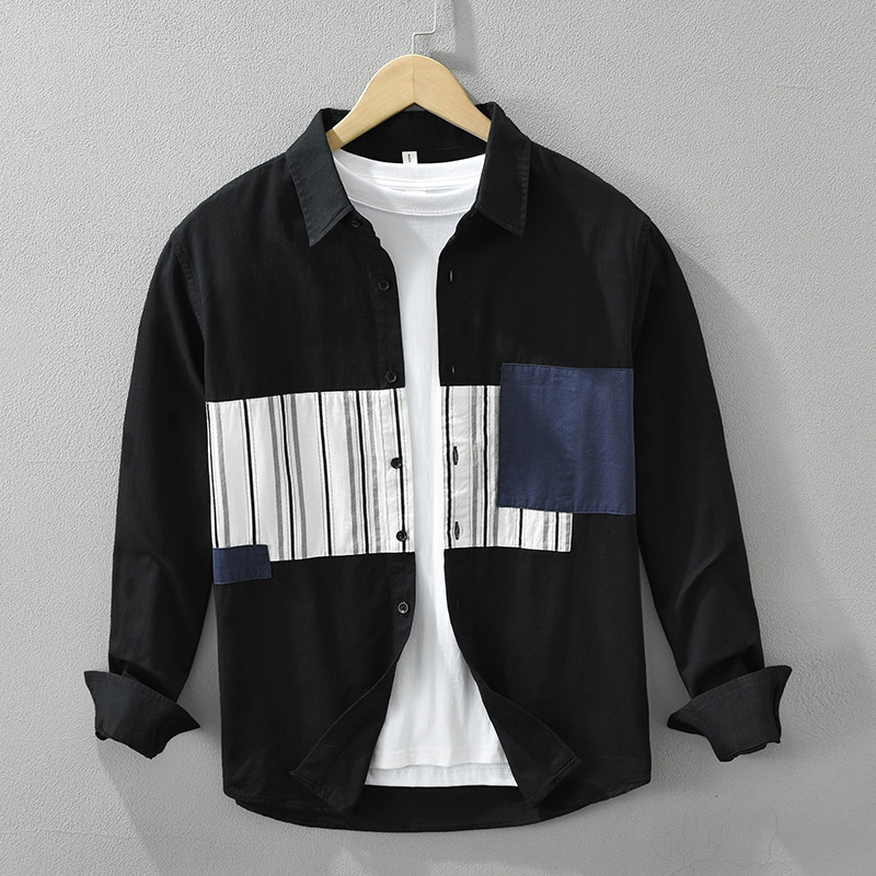 Áo Sơ Mi Dài Tay Sọc Nối Nhật Bản Nam – Phong Cách Nghệ Thuật, Dáng Rộng Thời Trang, Chất Cotton Thoáng Khí