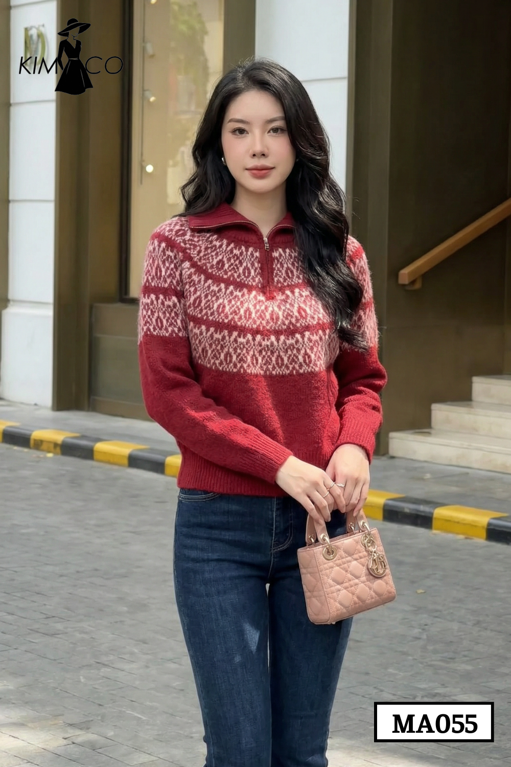 Áo Len Họa Tiết Bắc Âu Cổ Khóa Đỏ Đô - MA055