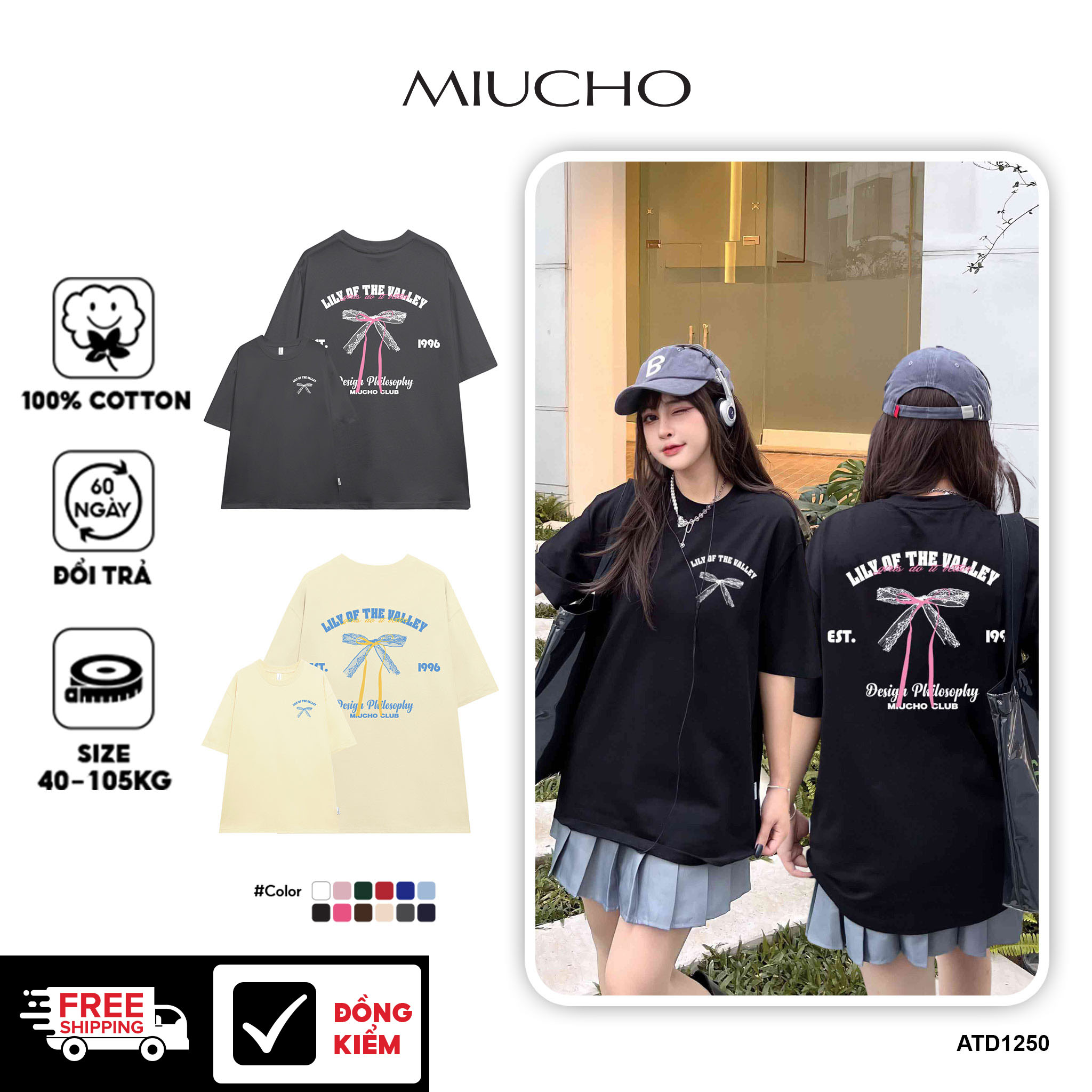 Áo thun hình nơ form rộng local brand ATD1250 Miucho tay ngắn cổ tròn in mix